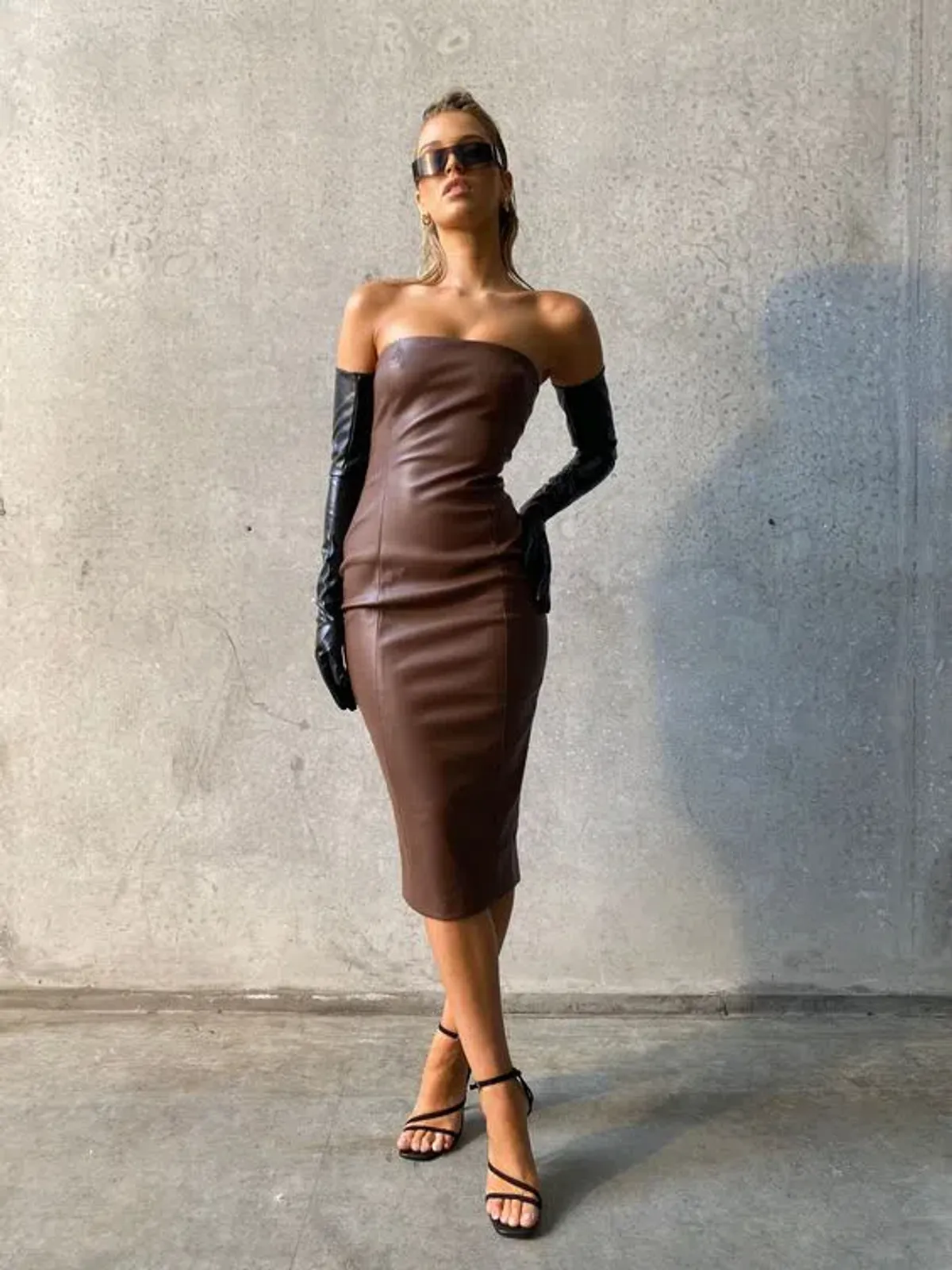 Meshki Pamela  Strapless Faux Leather Dress Brown Size S - Image 4
