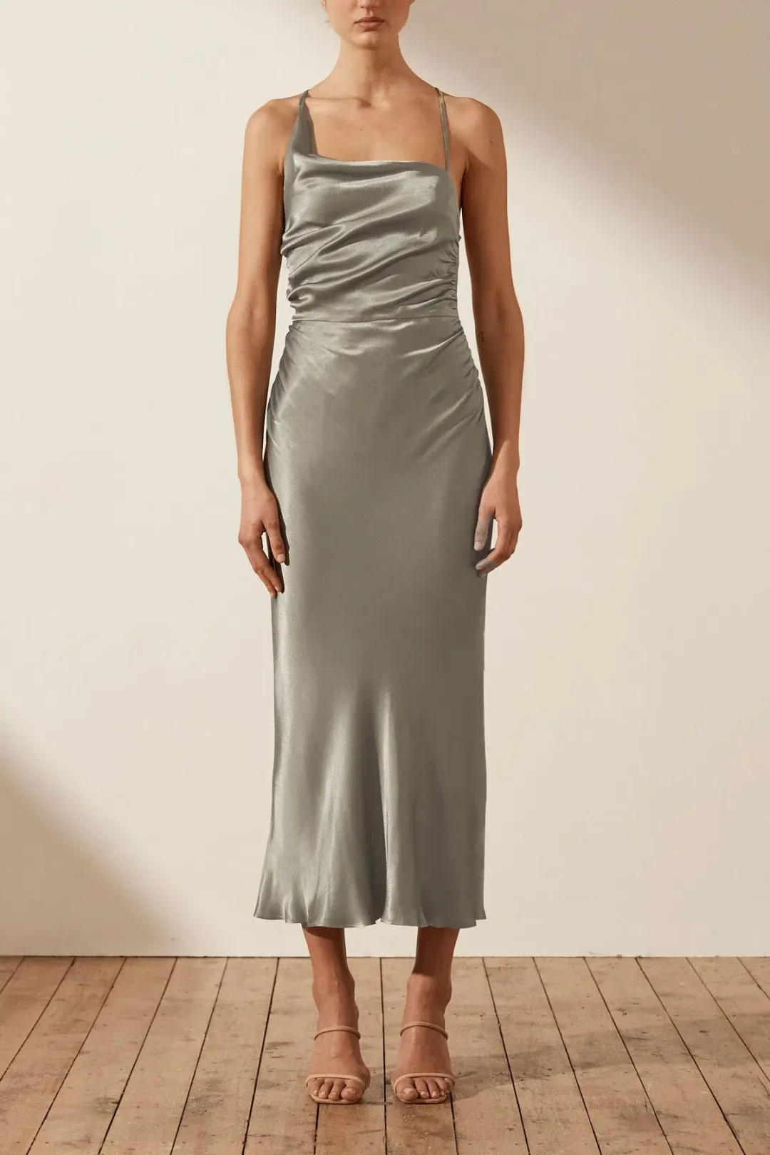 Shona Joy La Lune Asymmetrical Bias Cowl Midi Dress Sage Green Size 6 for rent on The Volte - main image
