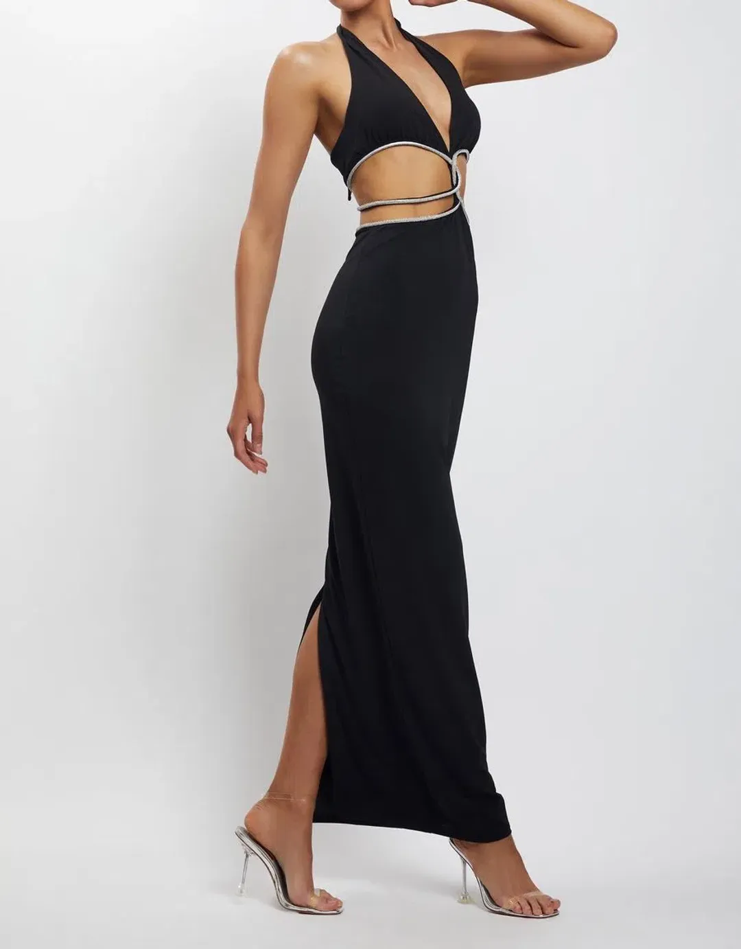 Meshki Nicha Diamante Cut Out Midi Dress Black Size XS for rent on The Volte - main image