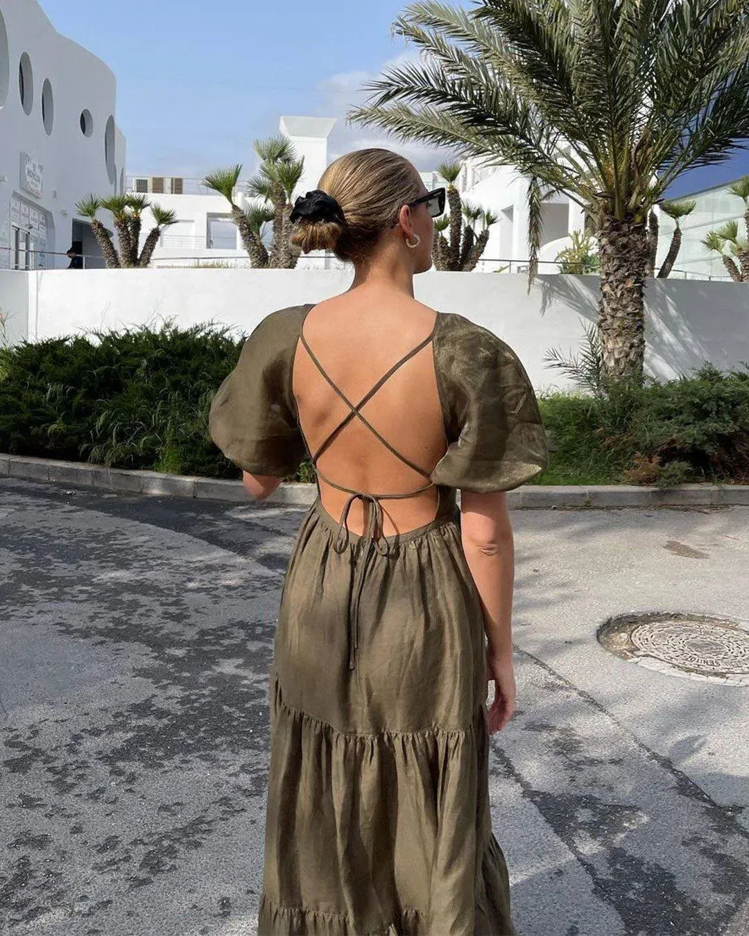 Shona Joy Bruna Linen Short Sleeve Backless Midi Dress Green Size 12 for rent on The Volte - main image