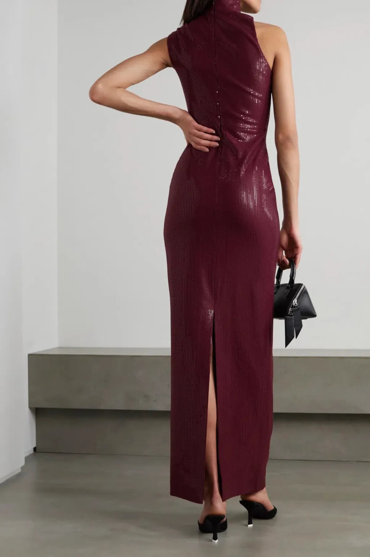 Yara Sequined Jersey Turtleneck Maxi Dress Burgundy Size 10 - Image 4