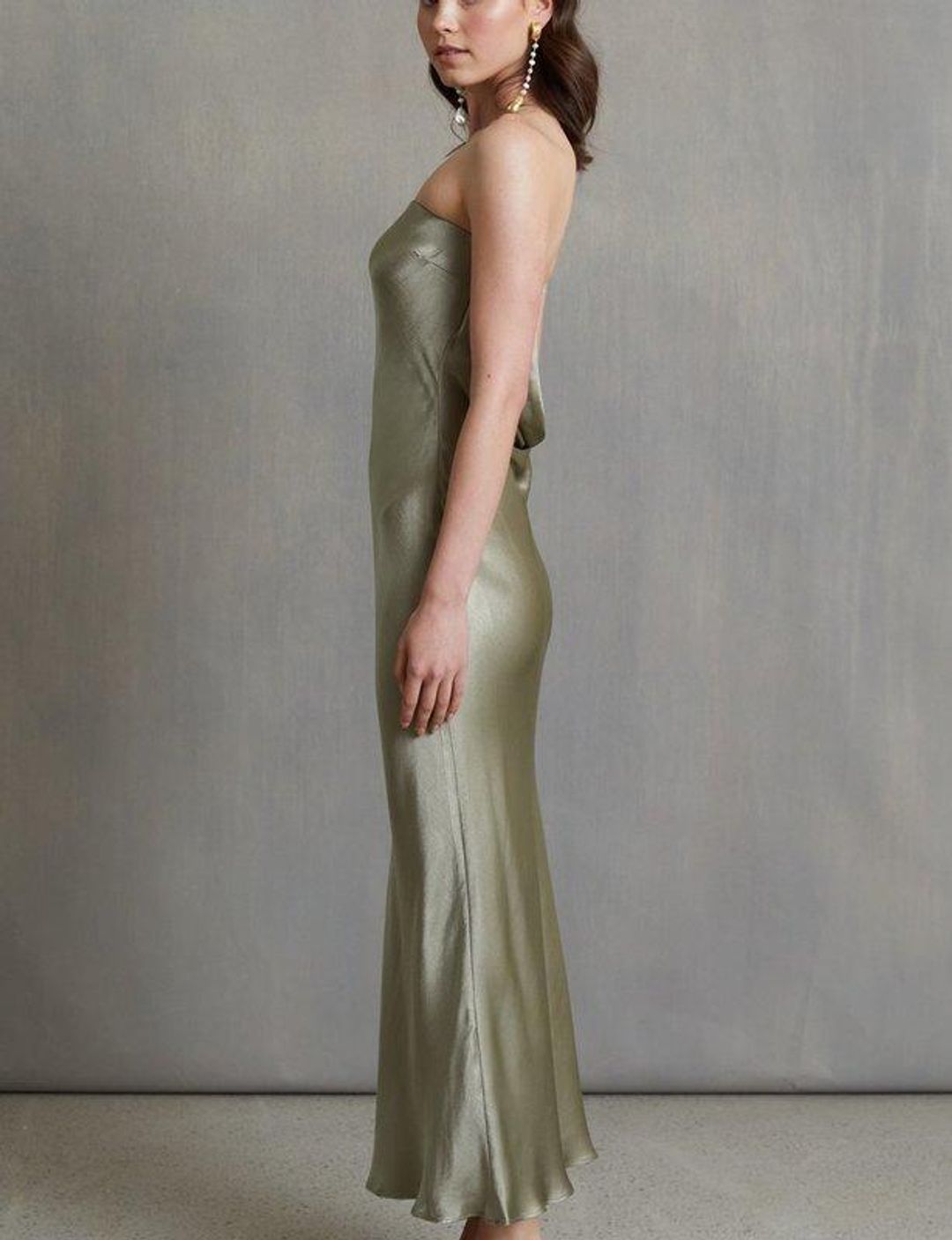 Bec & Bridge Moon Dance Strapless Midi Dress Sage Green Size 8 for rent on The Volte - main image