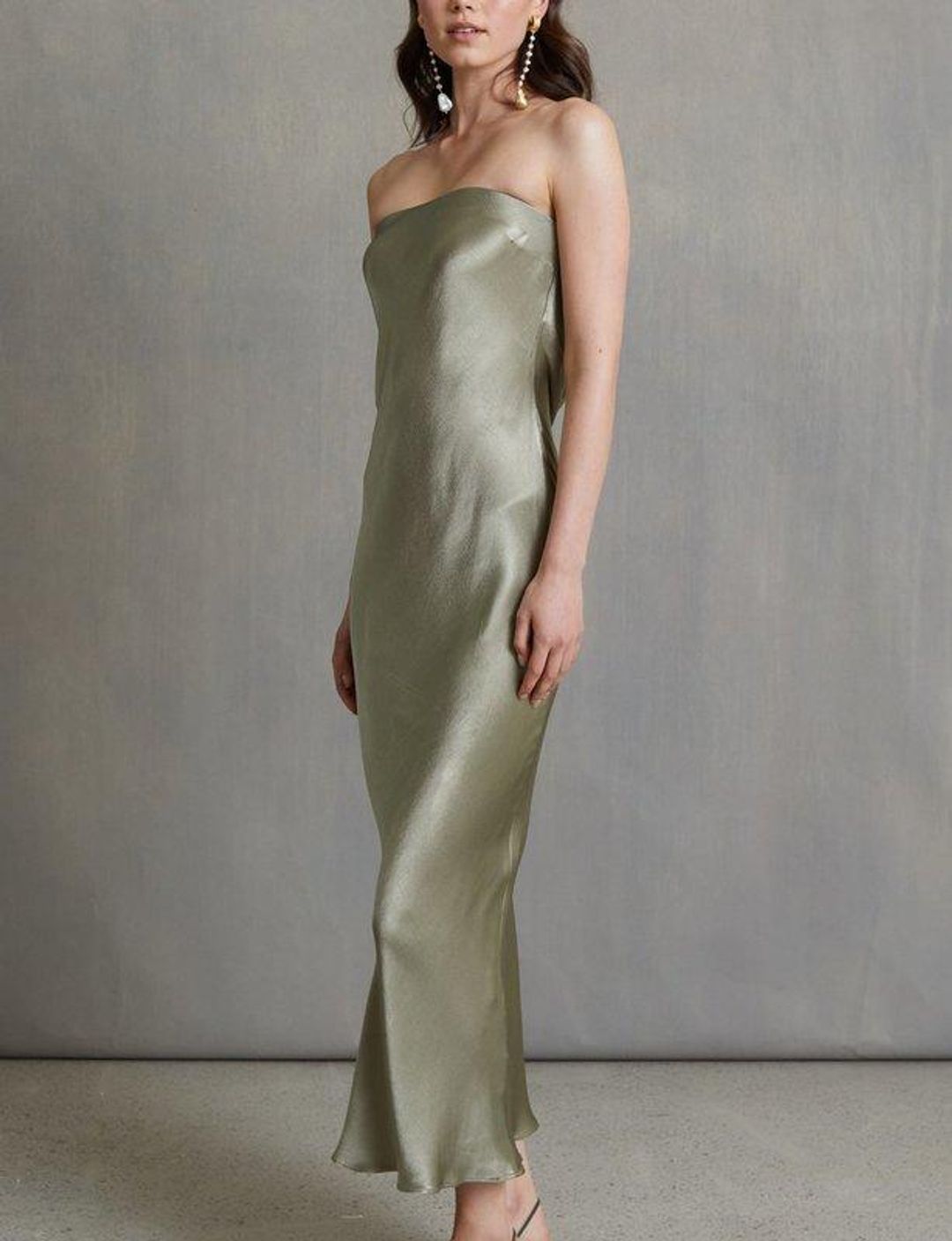 Bec & Bridge Moon Dance Strapless Midi Dress Sage Green Size 8 for rent on The Volte - main image