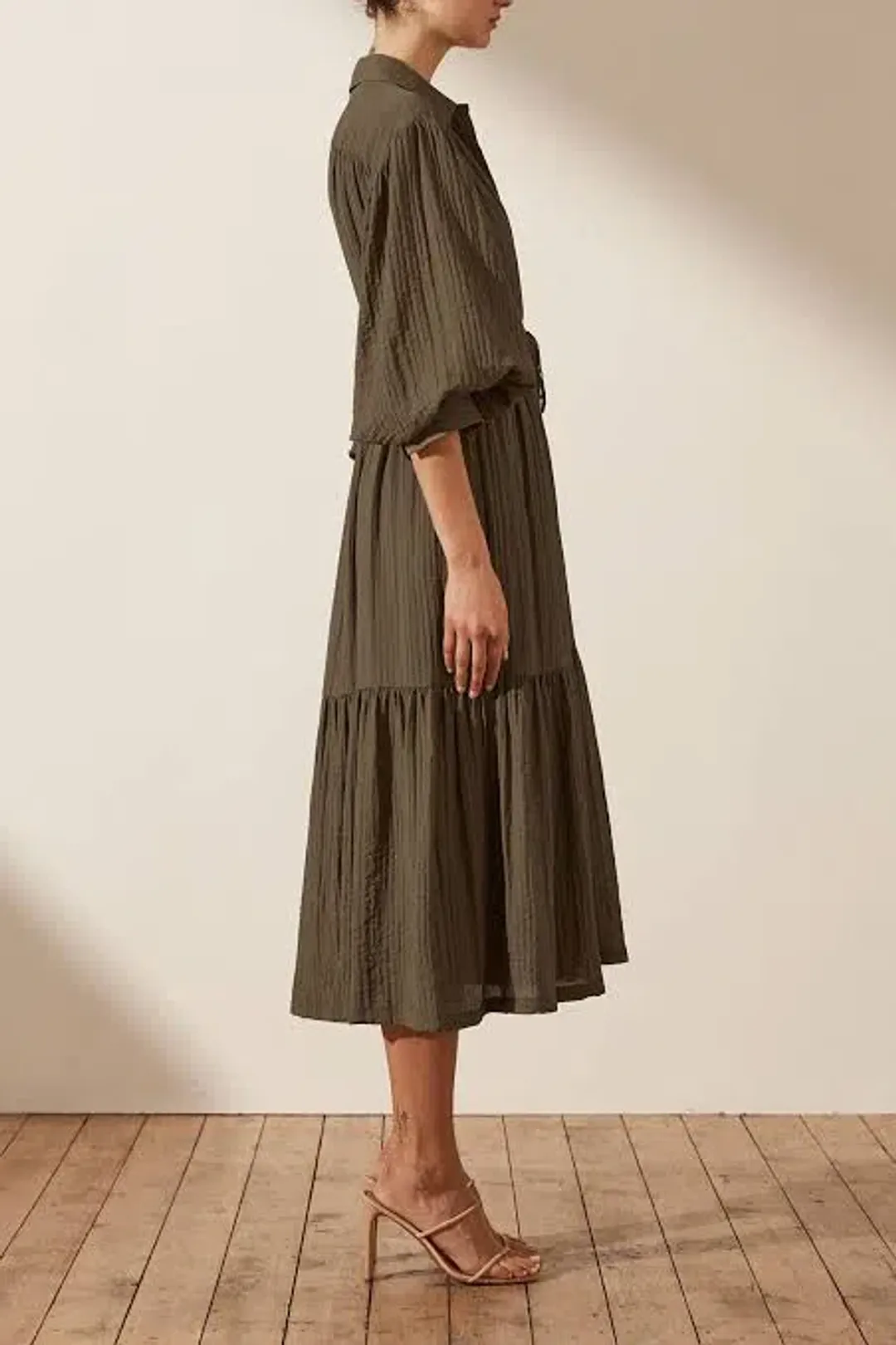 Shona Joy Mila Button Up Tiered Midi Dress Green Size 8 for rent on The Volte - main image