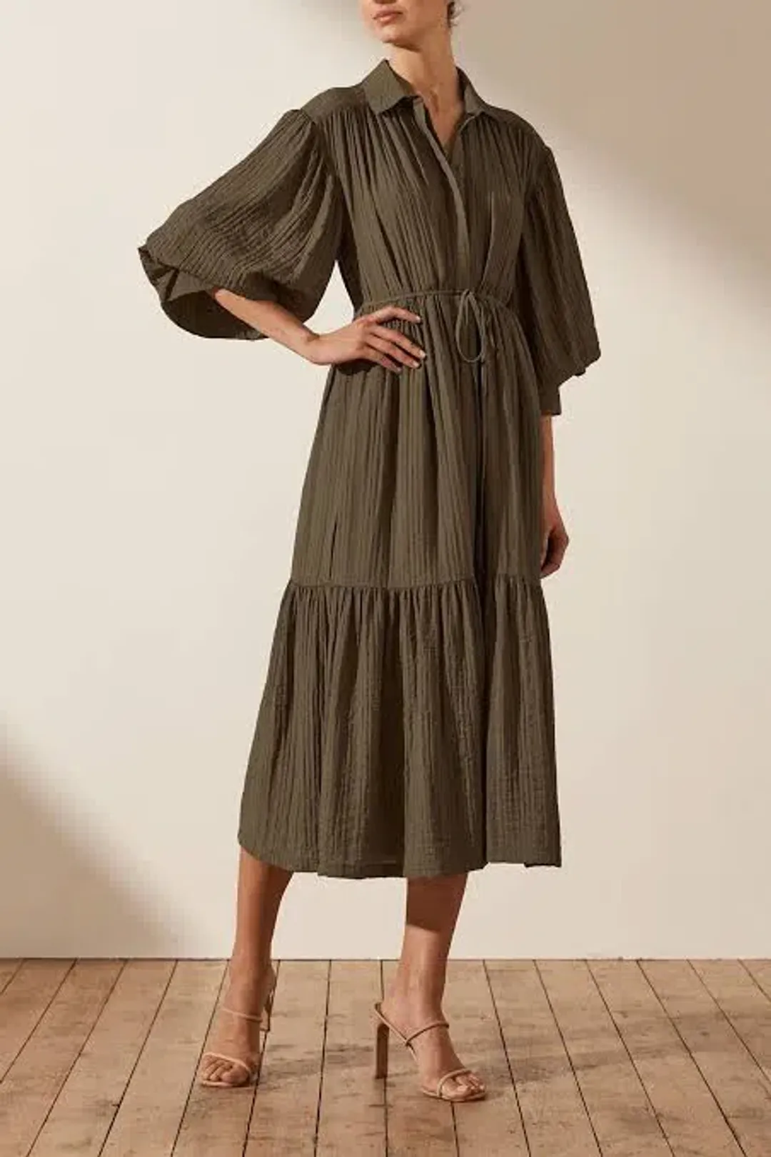  Shona Joy Mila Button Up Tiered Midi Dress Green Size 8 for rent on The Volte - main image