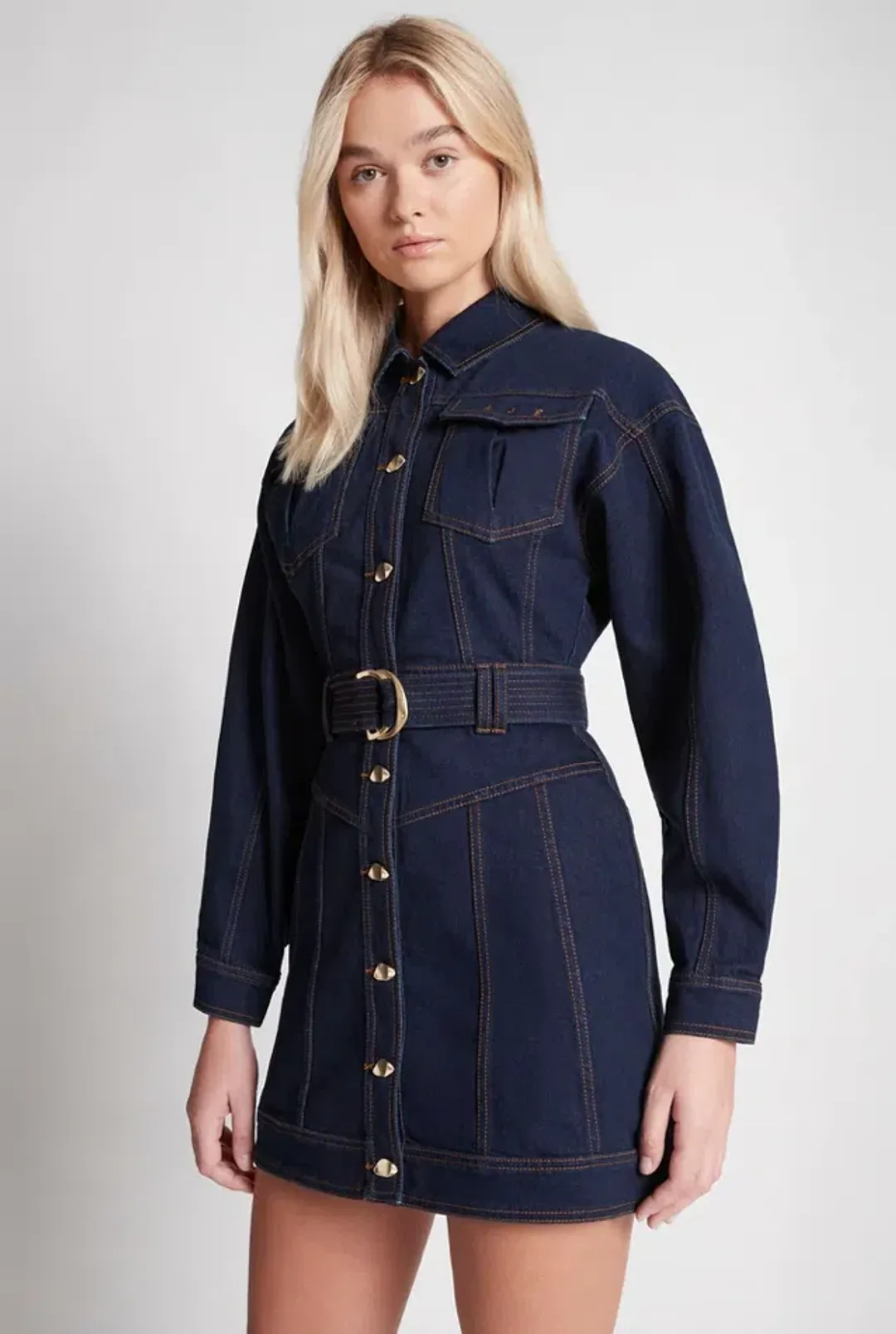 Aje Philia Belted Denim Mini Dress Blue Size 6 for rent on The Volte - main image