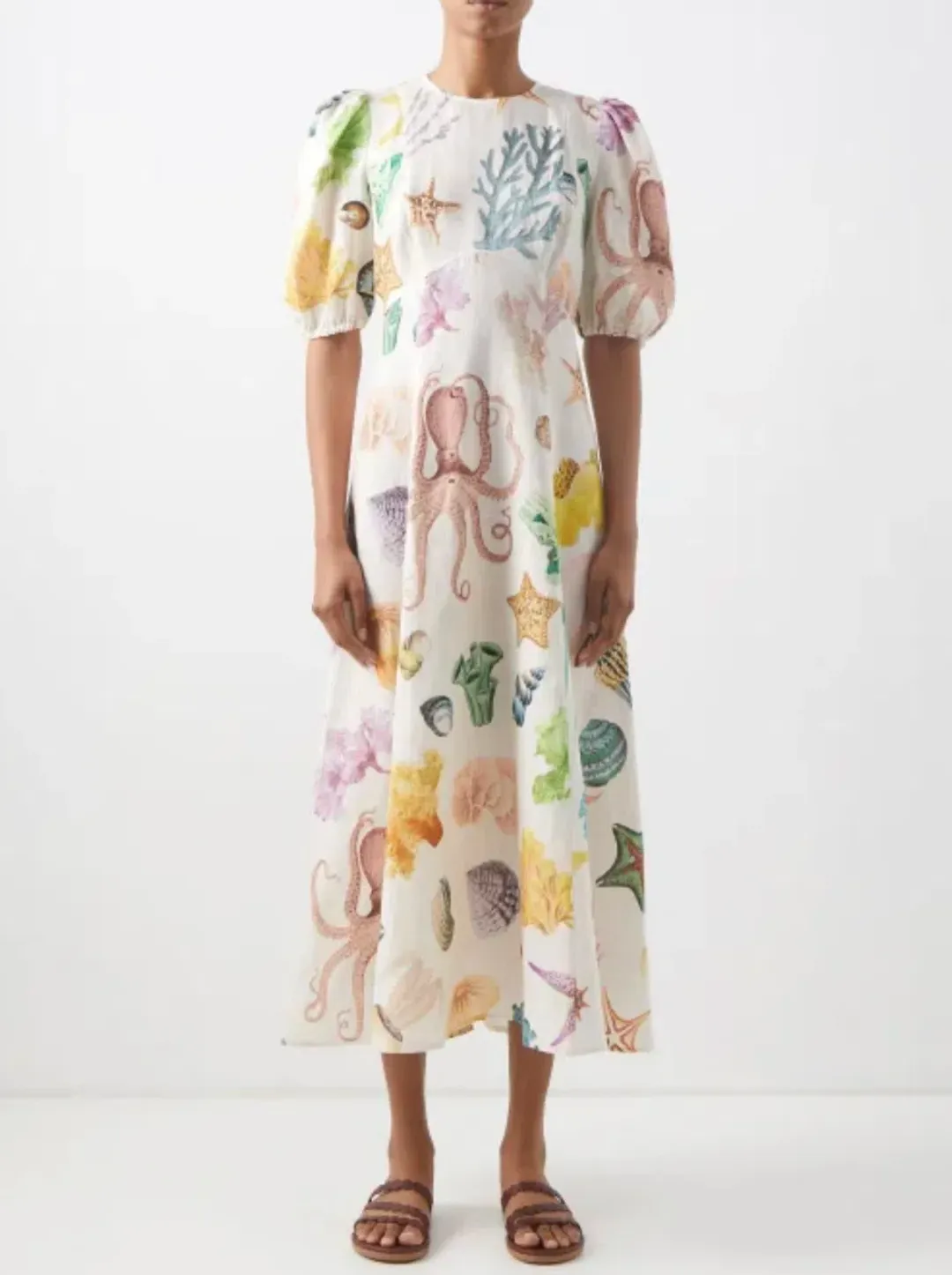 Alemais Adella Atlantis-print Linen-voile Midi Dress Print Size 12  for rent on The Volte - main image