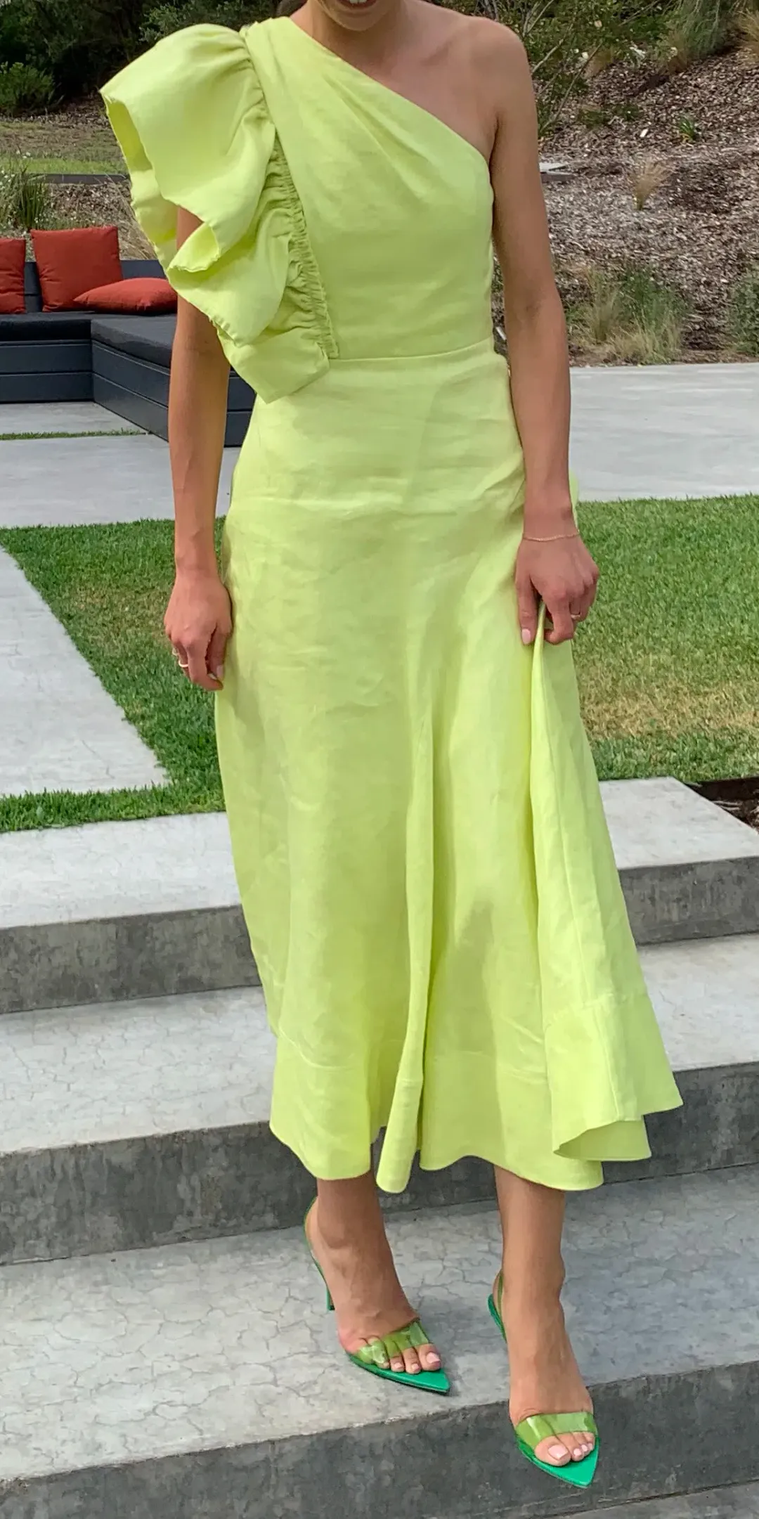 Aje Bonjour Asymmetric Midi Dress Lime Green Size 8 for rent on The Volte - main image