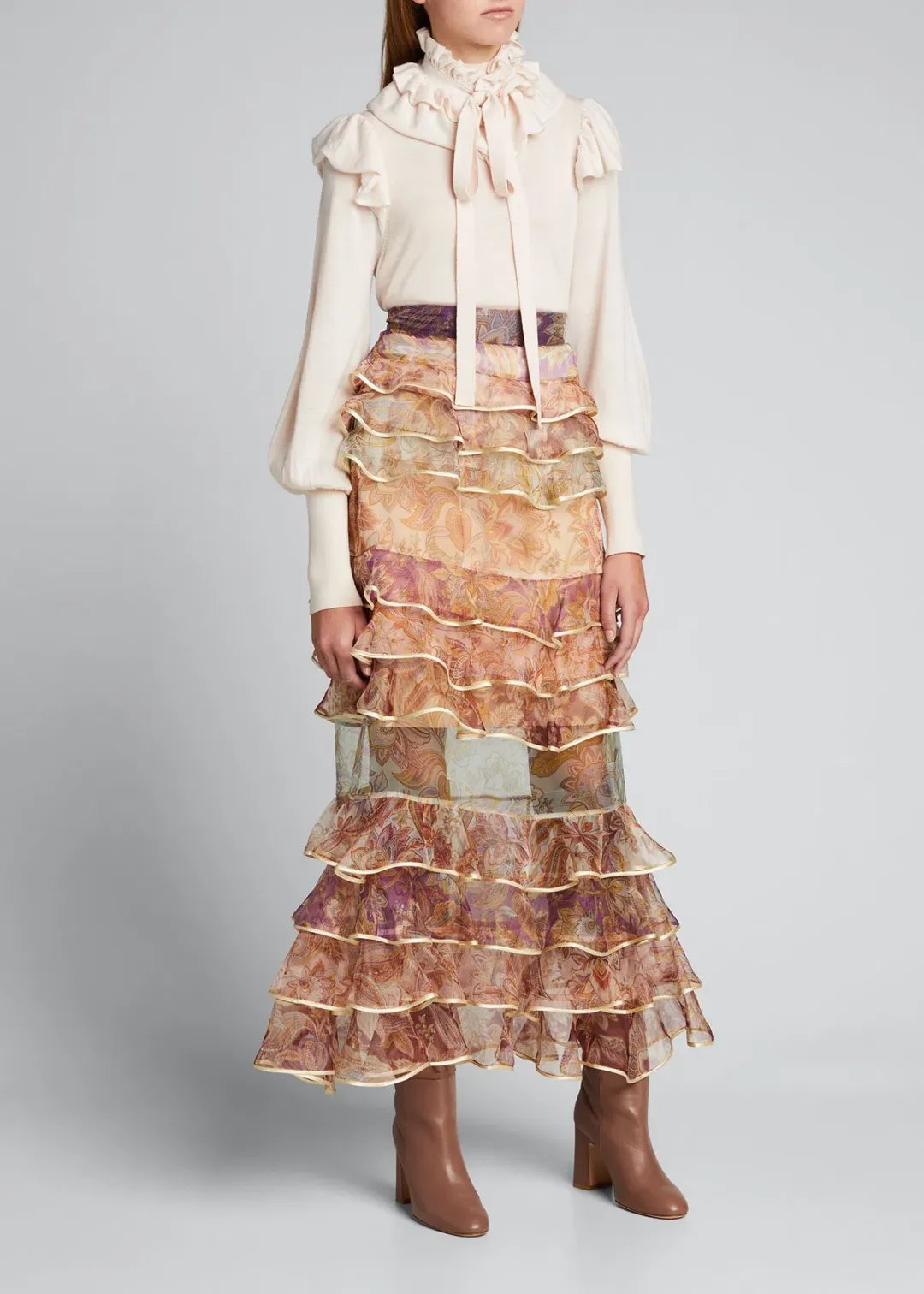 Zimmermann Lucky Tiered Blouse & Skirt Set Spliced Jacobean Size 0 / AU 8 for rent on The Volte - main image