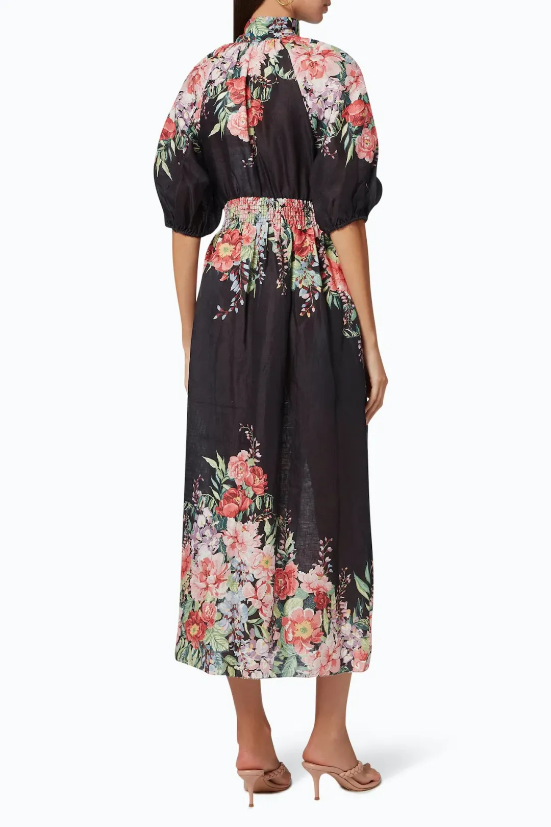 Zimmermann Bellitude Shirred Waist Midi Dress in Dark Navy Floral Size 0 / AU 8  for rent on The Volte - main image