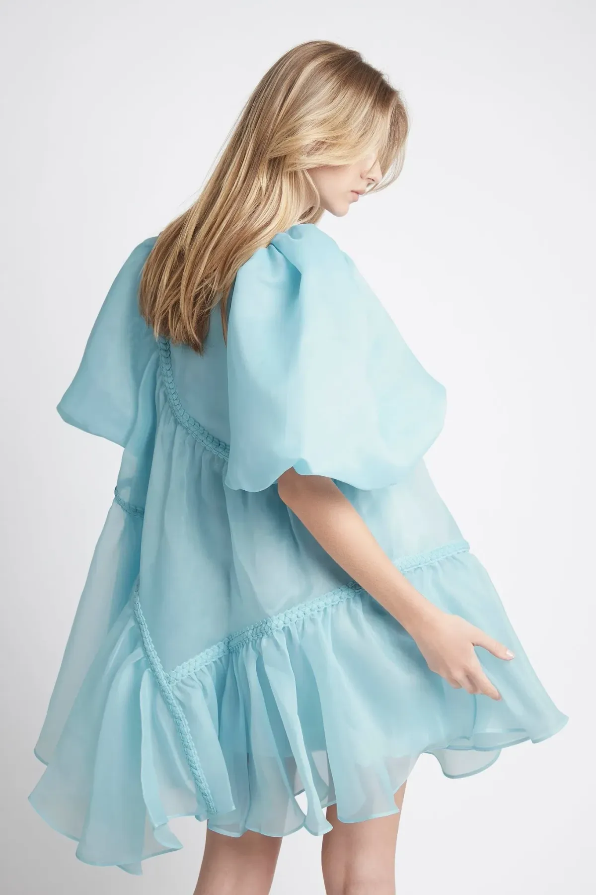 Aje Riviera Asymmetric Braided Puff Sleeve Smock Dress Blue Size 10  - Image 3