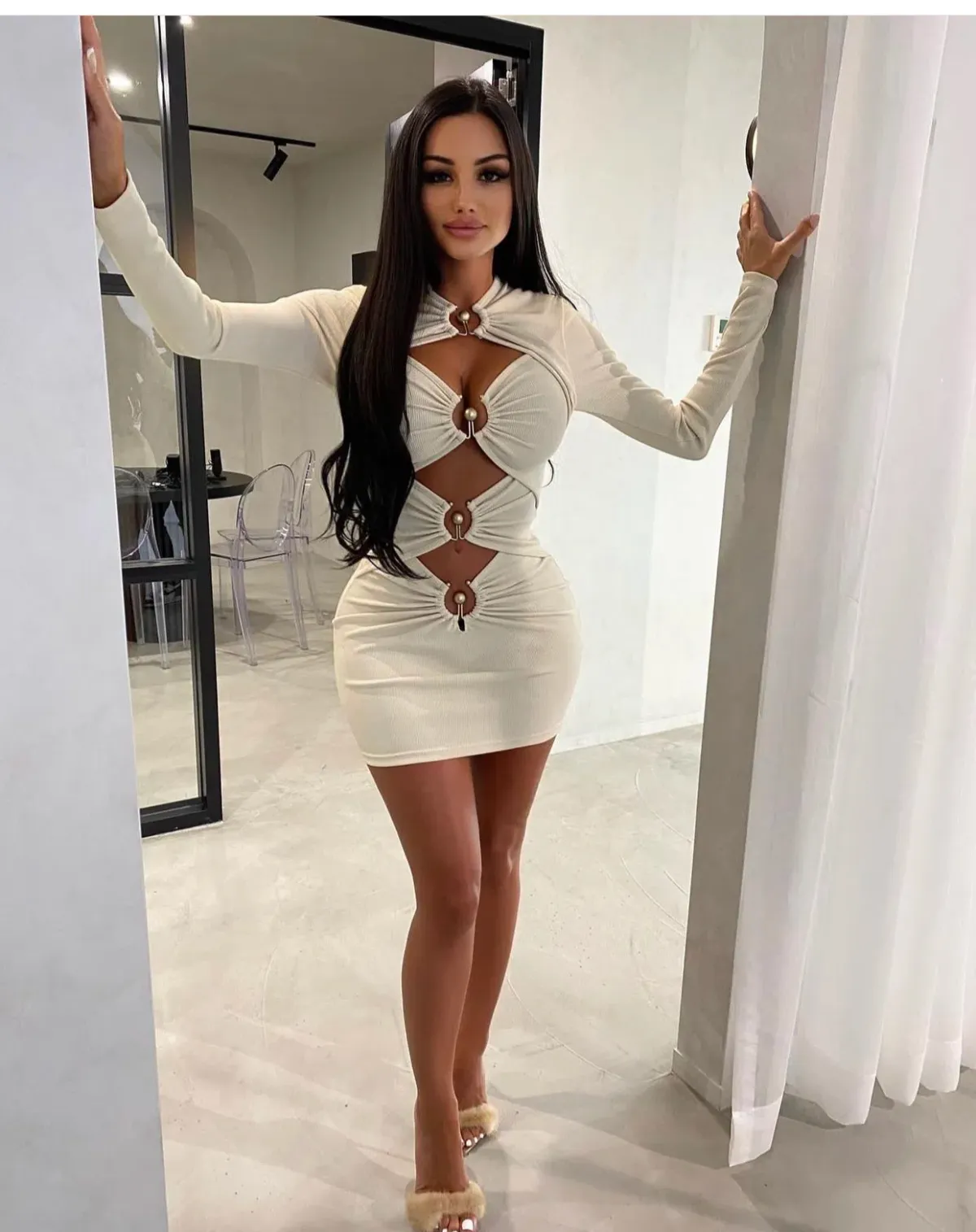 Christopher Esber Ruched Column Long sleeve mini dress Cream - Image 1