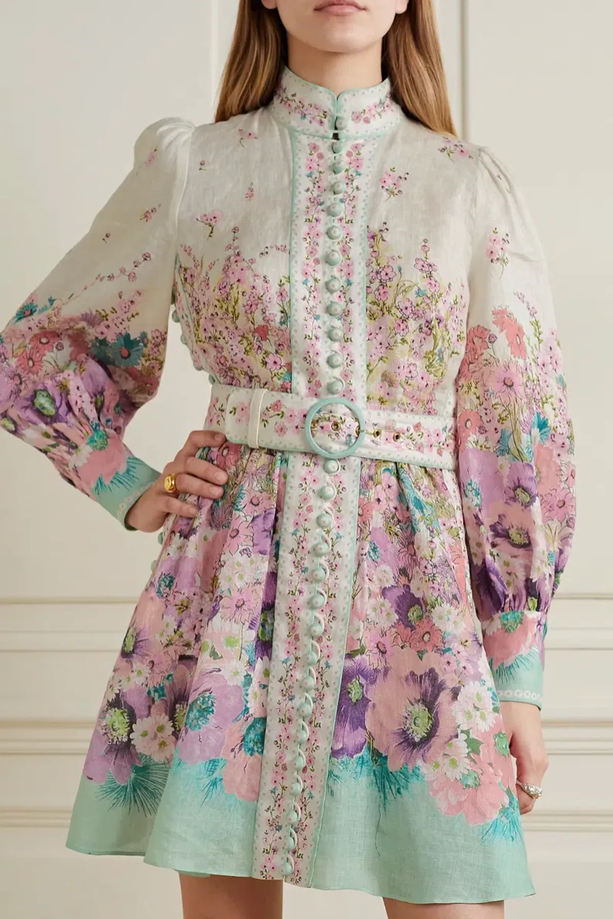 Zimmermann Jude Buttoned Mini Dress in Aqua Gradient Floral Print Size 2/ AU 12 - Image 4