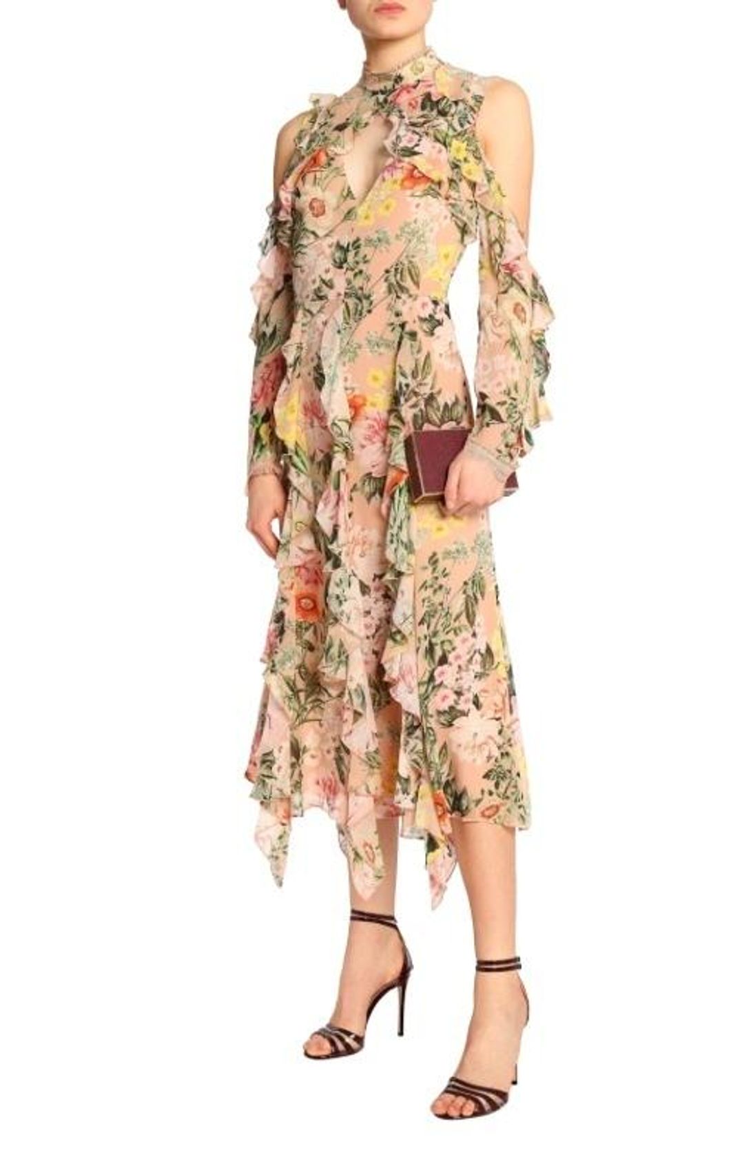 Nicholas Cold-shoulder ruffled floral-print silk crepe de chine midi dress for rent on The Volte - main image