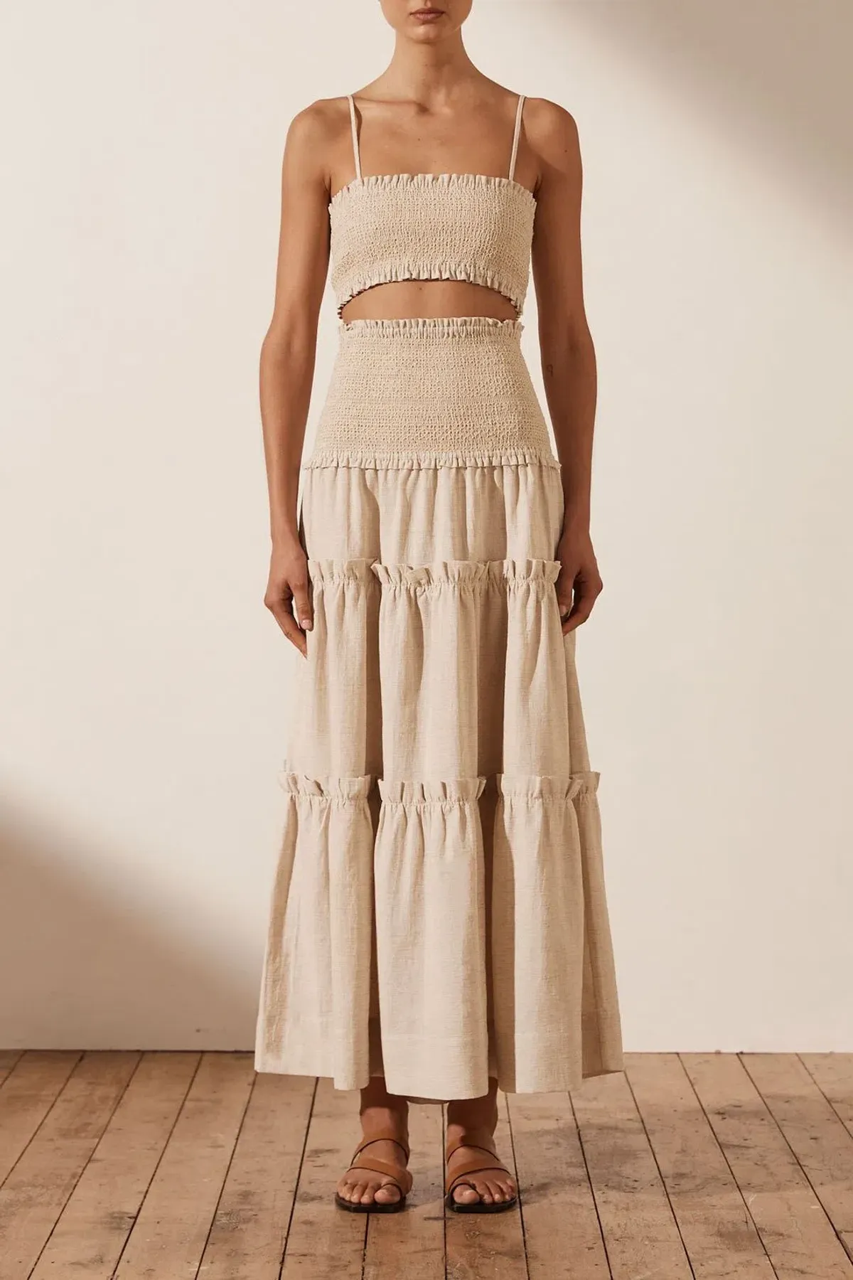 SHONA JOY Fiona Shirred Bralette and Tiered Midi Skirt Set CREAM Size AU 6 - Image 1