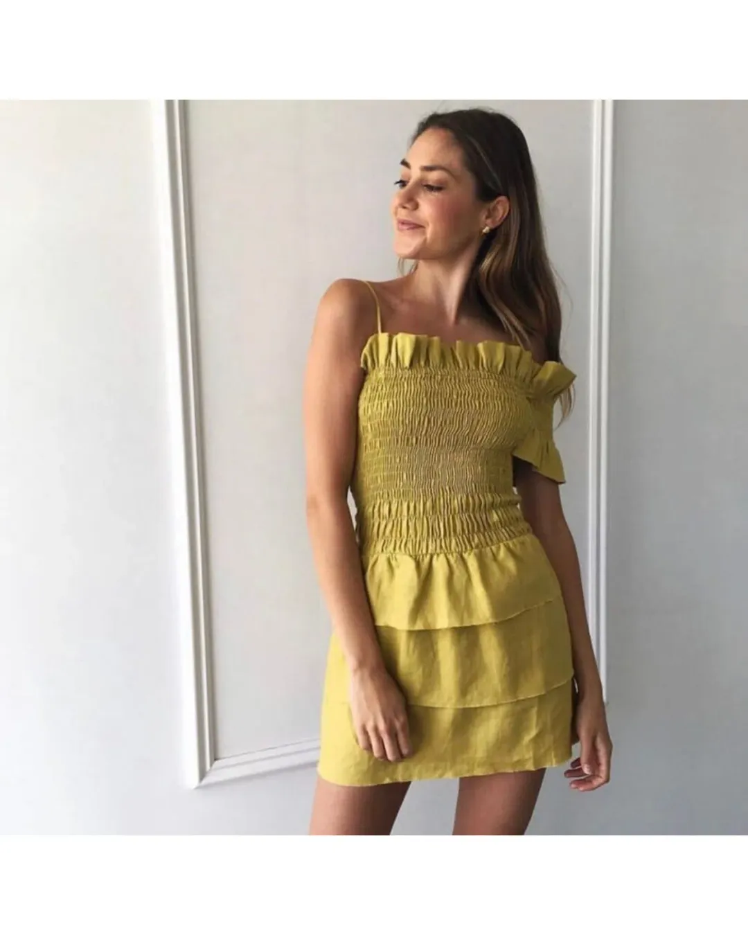 Sir The Label Marielle Ruched Dress Mustard Yellow Size AU 8 for rent on The Volte - main image