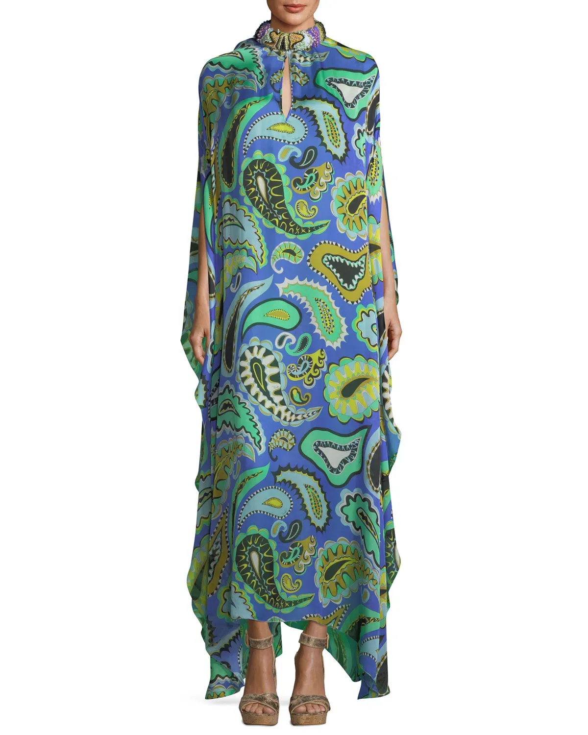 Emilio Pucci Paisley-Print Beaded-Collar Long Caftan Print Size IT42 - Image 1