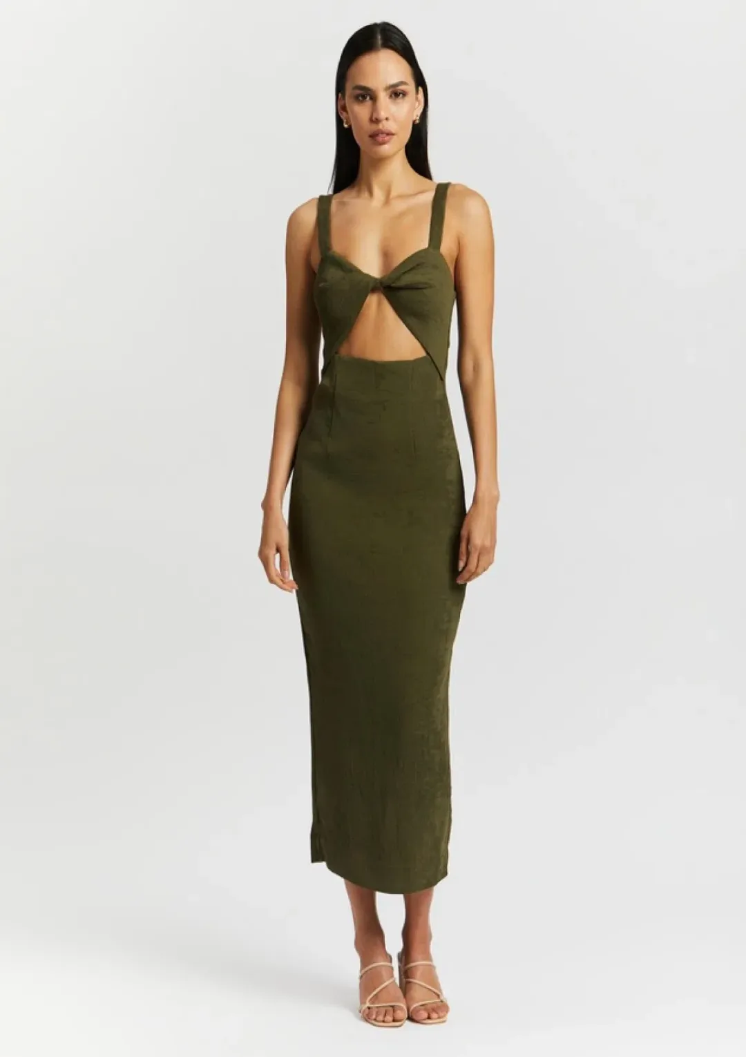 Shona Joy Simone Fitted Cut Out Dress Olive Size 8  for rent on The Volte - main image