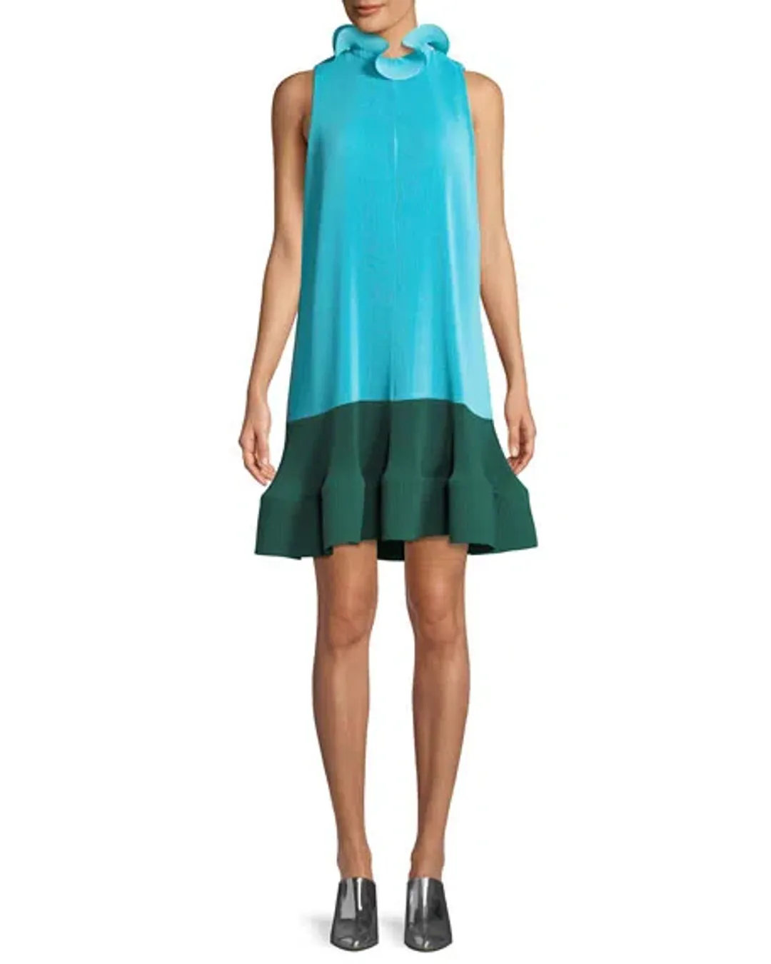 Tibi Camellia Pleated Colorblock Ruffle Dress Blue Size 4 for rent on The Volte - main image