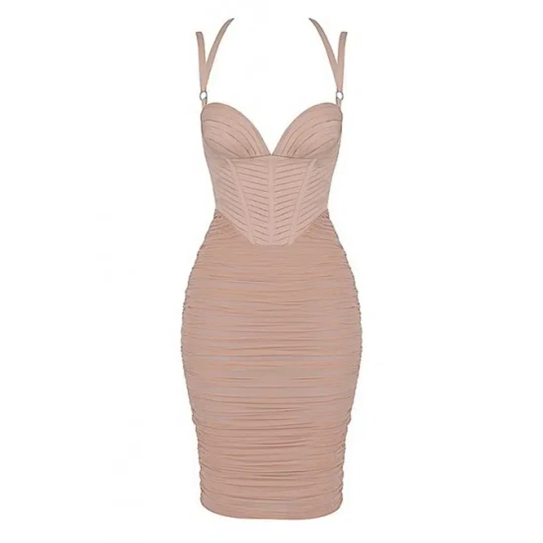 House of CB Dress Josephine Pleated Corset Midi Dress Taupe Size 10 for rent on The Volte - main image