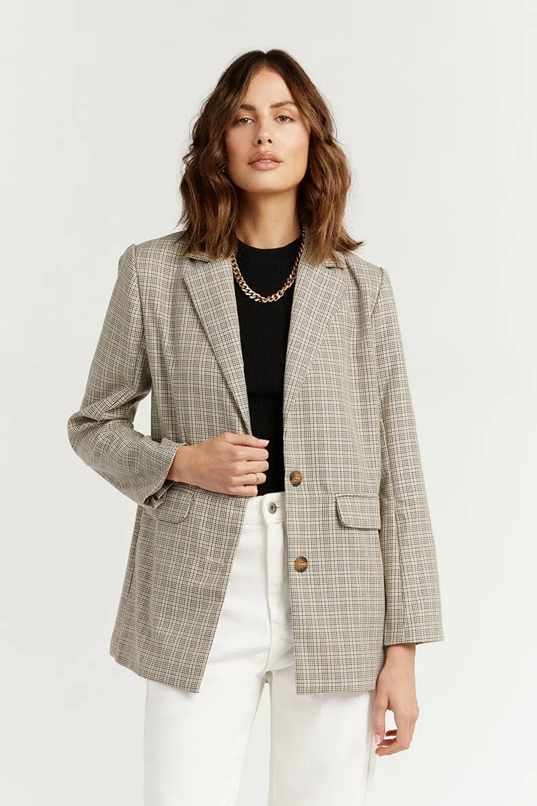 DISSH Frankie Plaid Beige Blazer Print Size 12 for rent on The Volte - main image