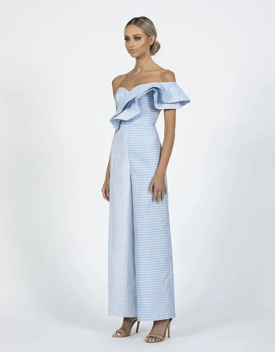 Bariano Willow Contrast Off Shoulder Jumpsuit Pale Blue/Cream Size 8 for rent on The Volte - main image