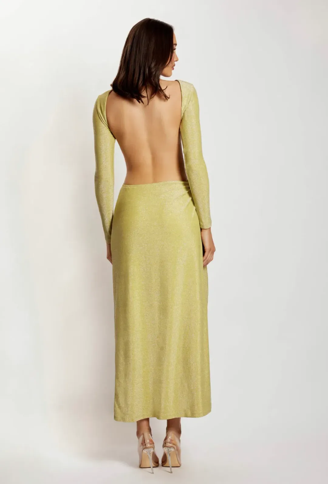 Meshki Christina Backless Maxi Wrap Dress Green Shimmer Size L for rent on The Volte - main image
