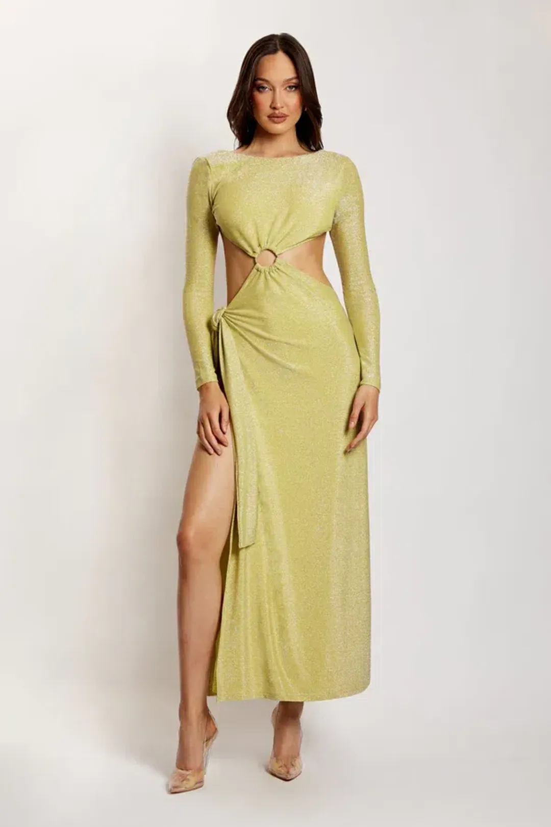 Meshki Christina Backless Maxi Wrap Dress Green Shimmer Size L for rent on The Volte - main image