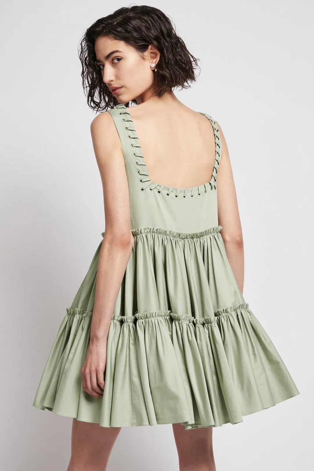 Aje Hushed Cotton Square Neck Mini Dress in Bamboo Green Size 14  for rent on The Volte - main image