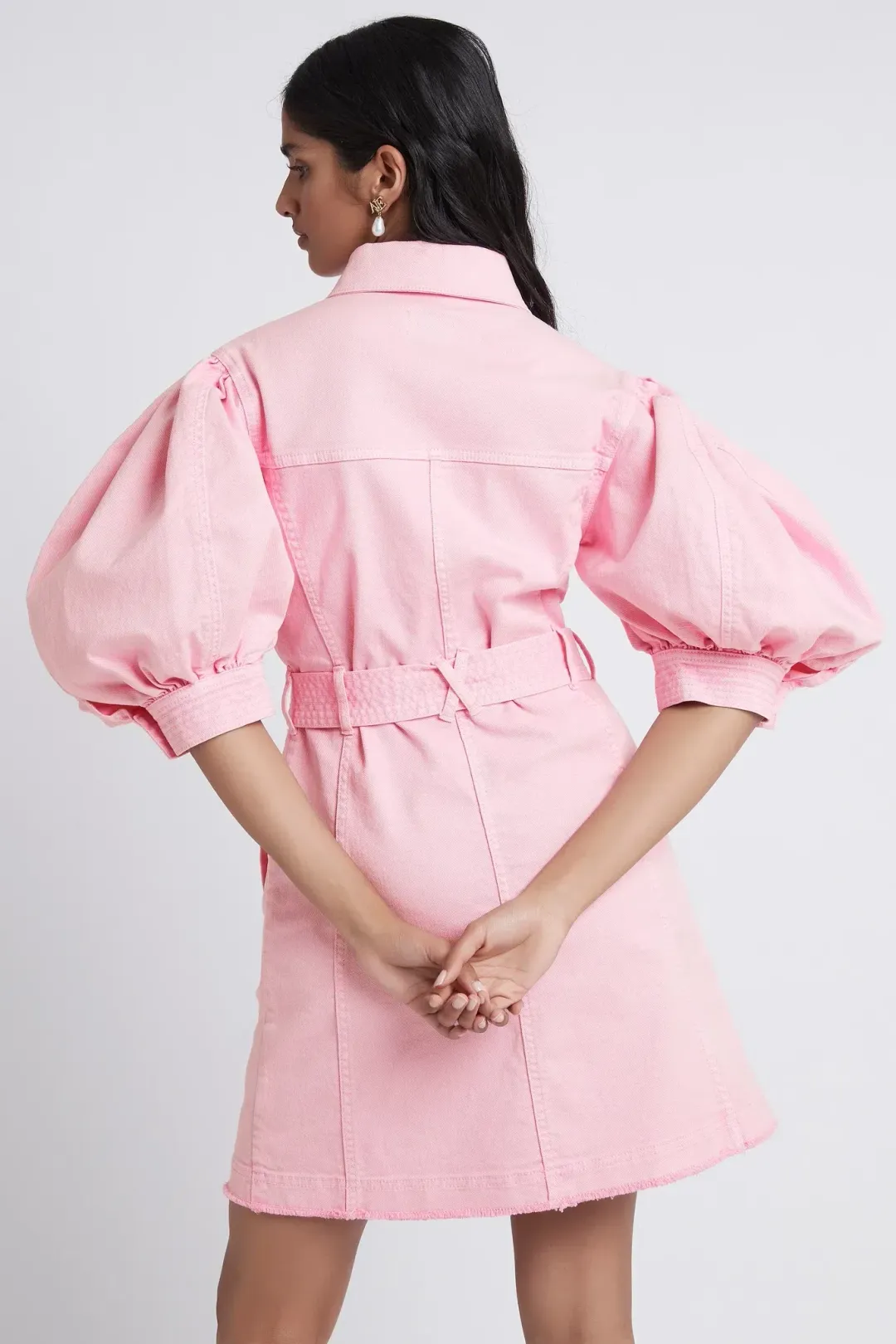 Aje Triada Button Denim Puff Sleeve Mini Dress Pink Size 14 for rent on The Volte - main image