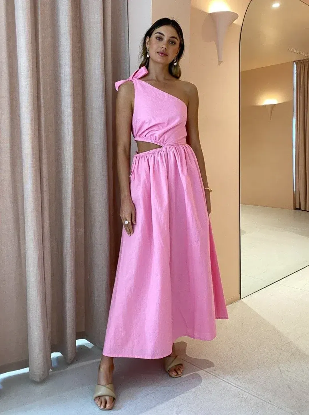 By Nicola By Nicola Gabriella One Shoulder Midi Dress In Pink Grapefruit Size 12  for rent on The Volte - main image
