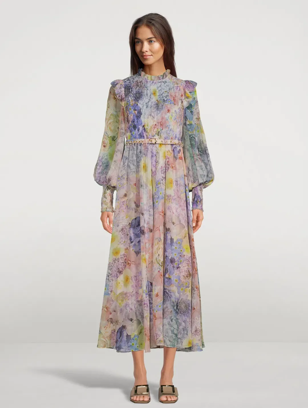 Zimmermann Rhythmic Shirred Midi Dress Floral Size 1 / Au 10 for rent on The Volte - main image