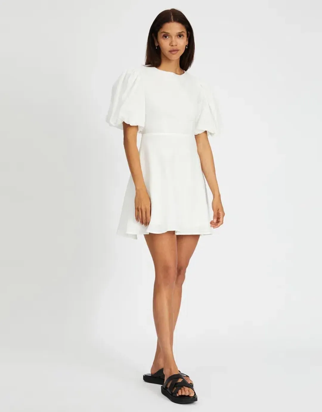 Aere Puff Sleeve Linen Mini Dress White Size 6 for rent on The Volte - main image