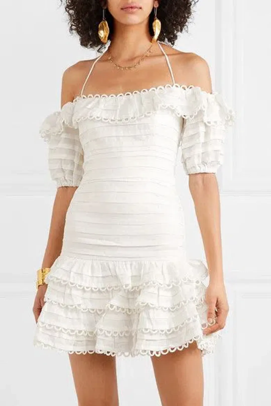 Zimmermann Allia Pintuck Off-the-soulder Ruffled Linen Mini Dress White Size 6 for rent on The Volte - main image