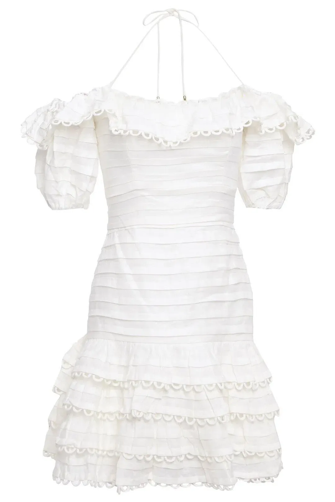 Zimmermann Allia Pintuck Off-the-soulder Ruffled Linen Mini Dress White Size 6 for rent on The Volte - main image