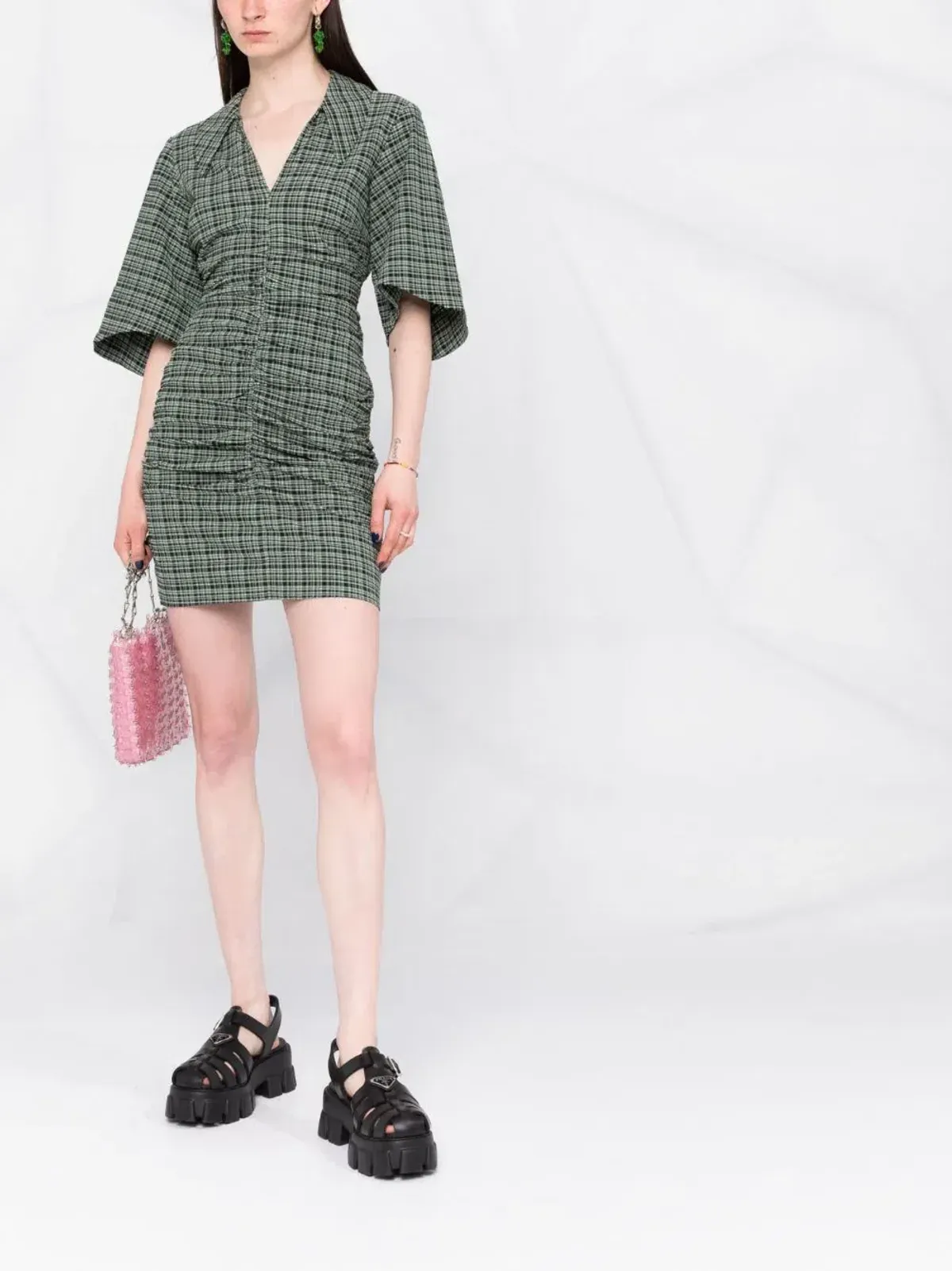 Ganni Seersucker Check Ruched Dress Bay Green Size 14 - Image 1