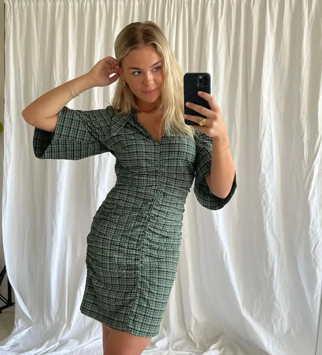 Ganni Seersucker Check Ruched Dress Bay Green Size 14 for rent on The Volte - main image