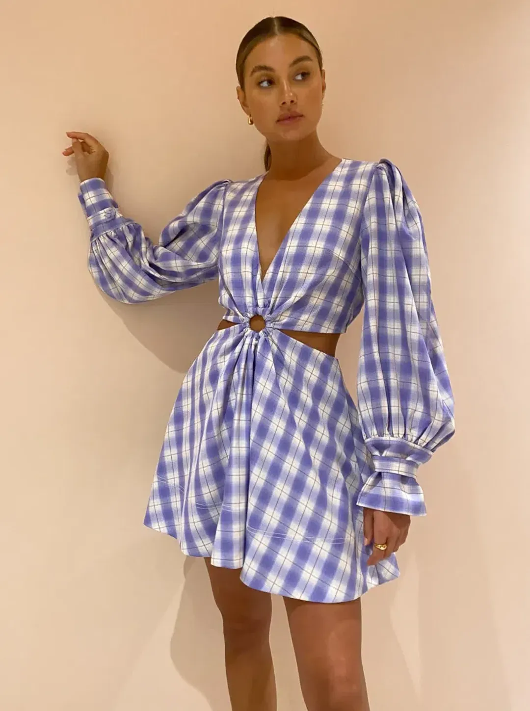 By Nicola Chevron Mini Dress in Grape Plaid Print Size 8 for rent on The Volte - main image