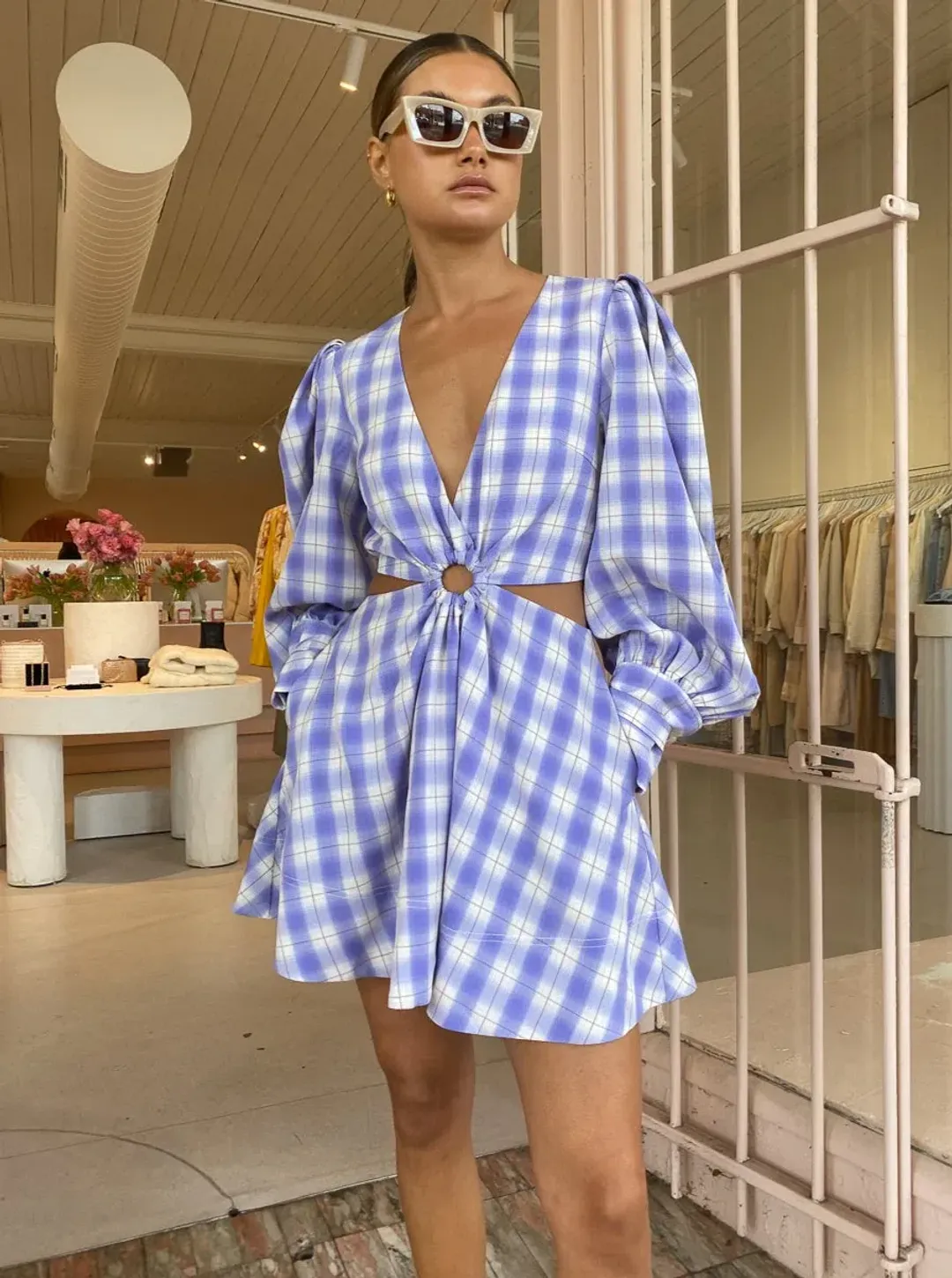 By Nicola Chevron Mini Dress in Grape Plaid Print Size 8 for rent on The Volte - main image