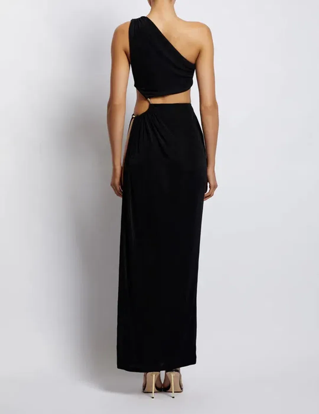 Meshki Paige Ruched Side Cut Out Maxi Dress Black Size S for rent on The Volte - main image