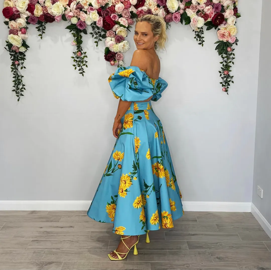 Leo and Lin Bleu Marguerite Puff Top & Maxi Skirt Set Print Size 10 for rent on The Volte - main image