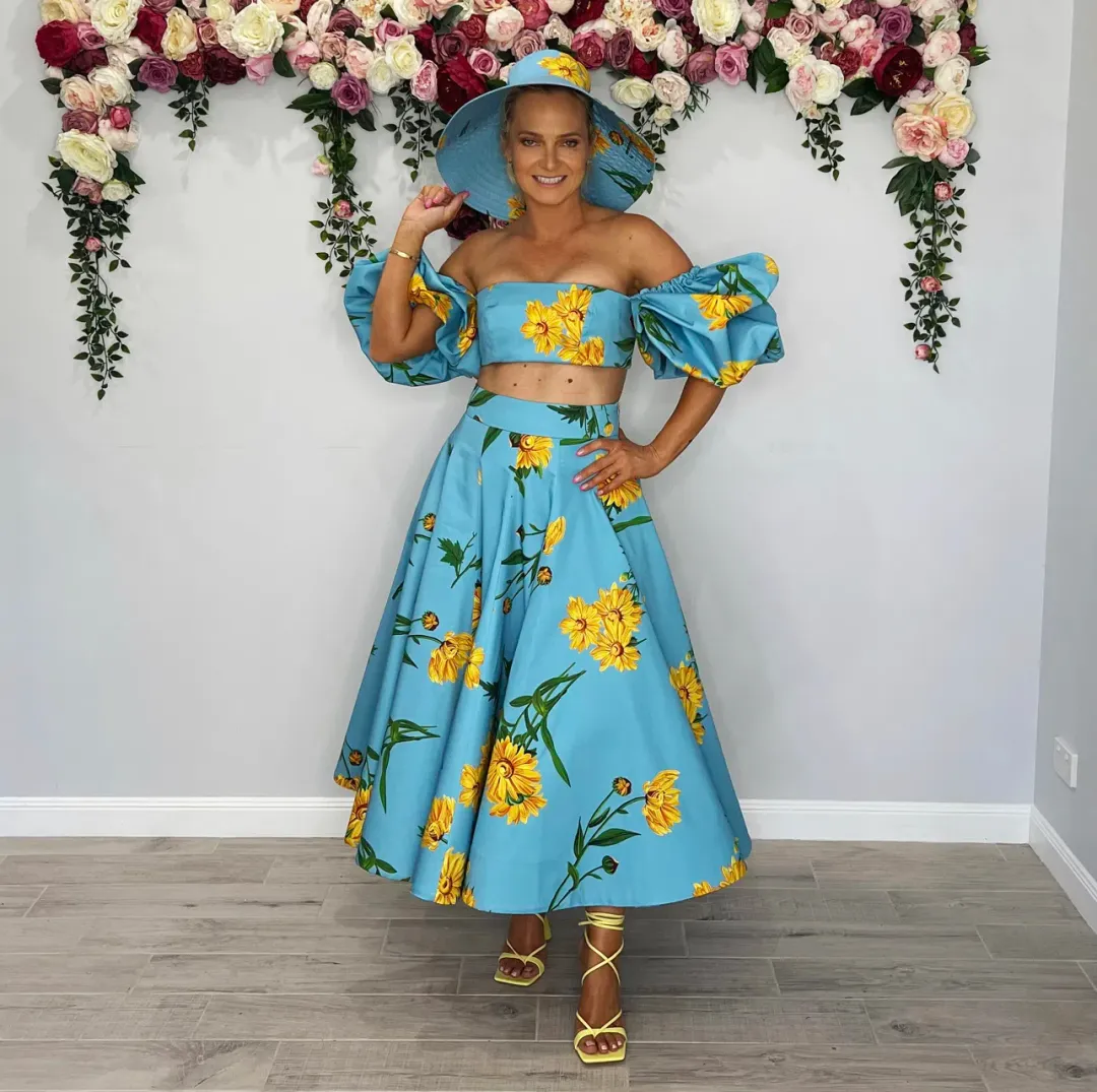 Leo and Lin Bleu Marguerite Puff Top & Maxi Skirt Set Print Size 10 for rent on The Volte - main image