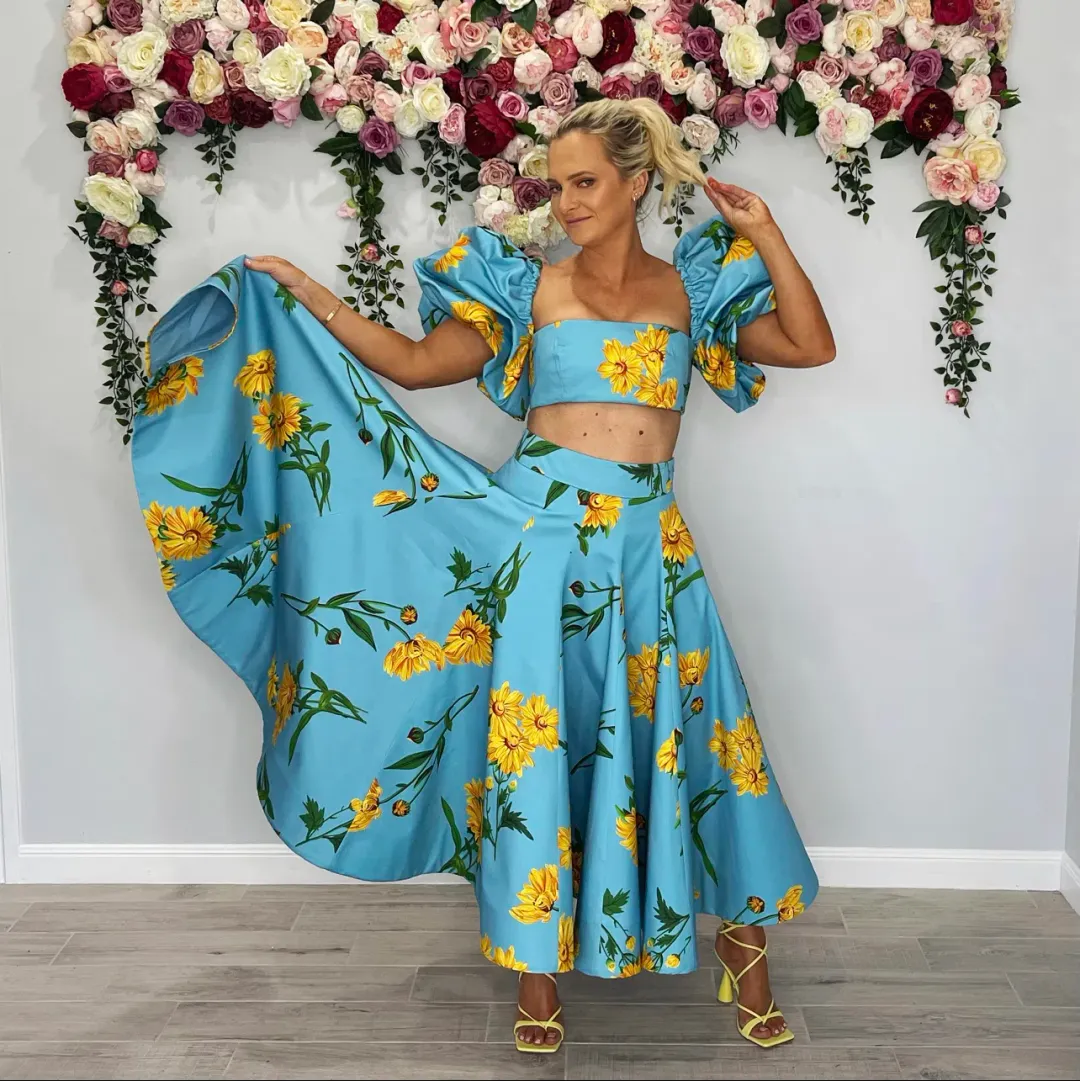 Leo and Lin Bleu Marguerite Puff Top & Maxi Skirt Set Print Size 10 for rent on The Volte - main image