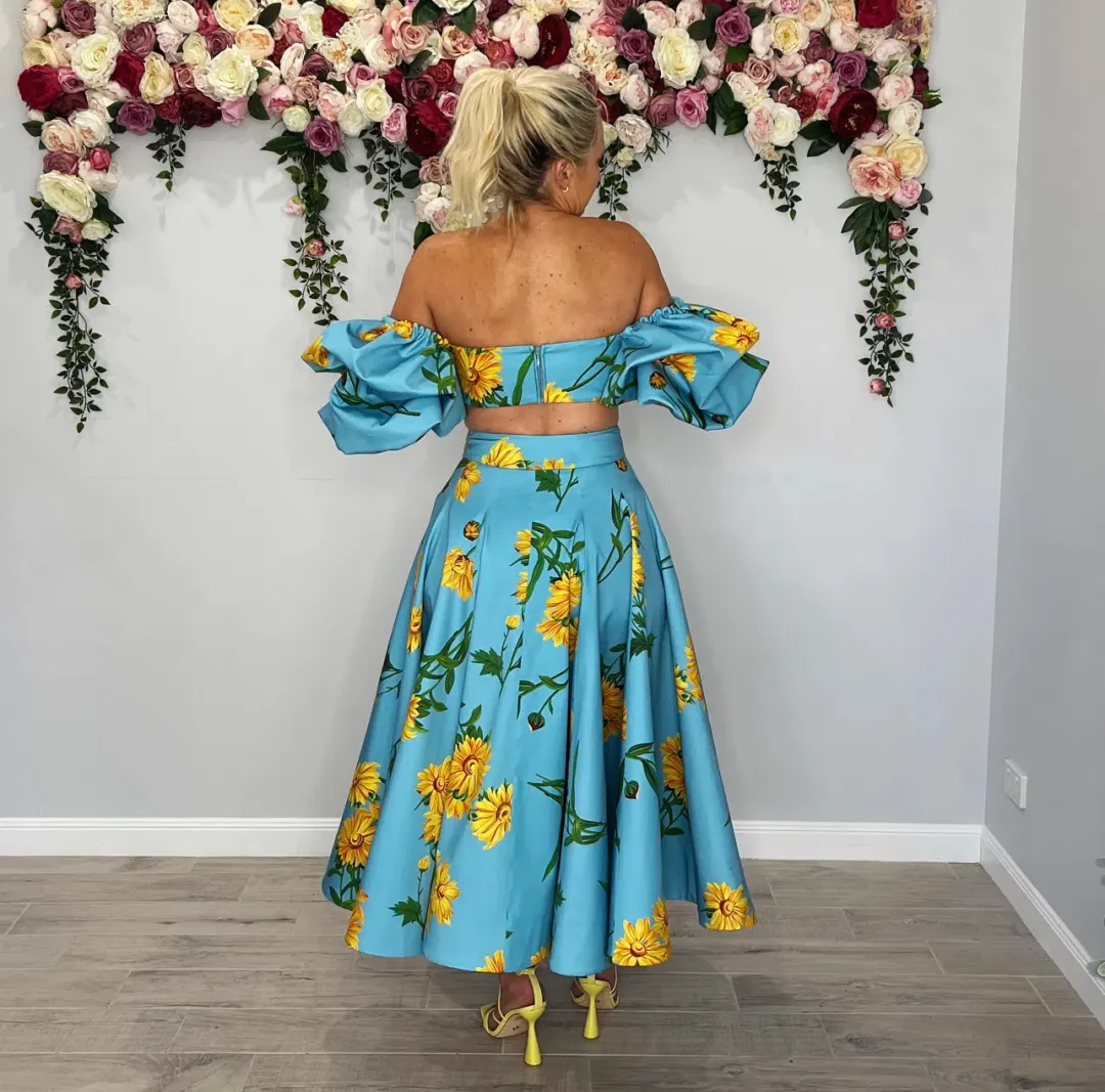 Leo and Lin Bleu Marguerite Puff Top & Maxi Skirt Set Print Size 10 for rent on The Volte - main image