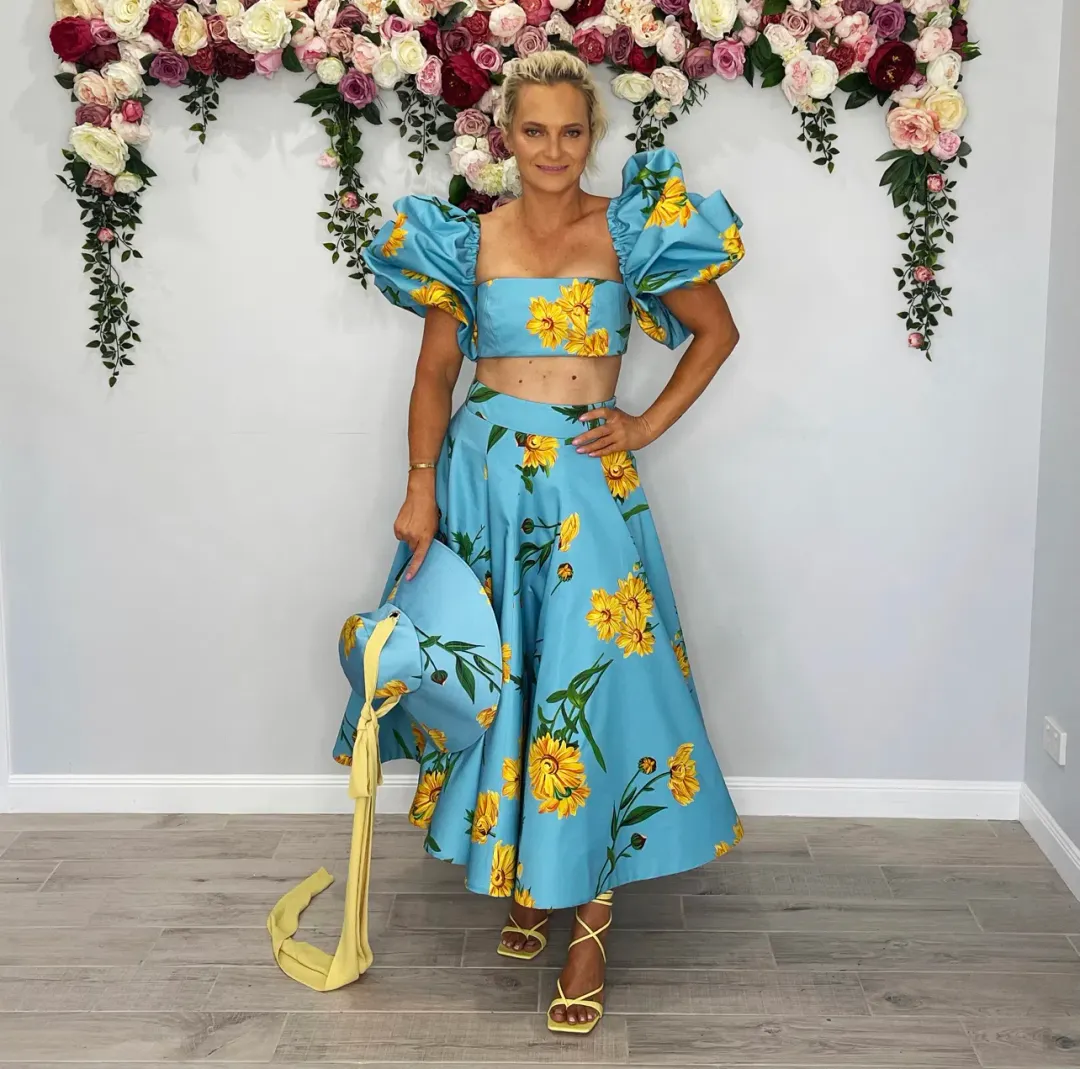 Leo and Lin Bleu Marguerite Puff Top & Maxi Skirt Set Print Size 10 for rent on The Volte - main image