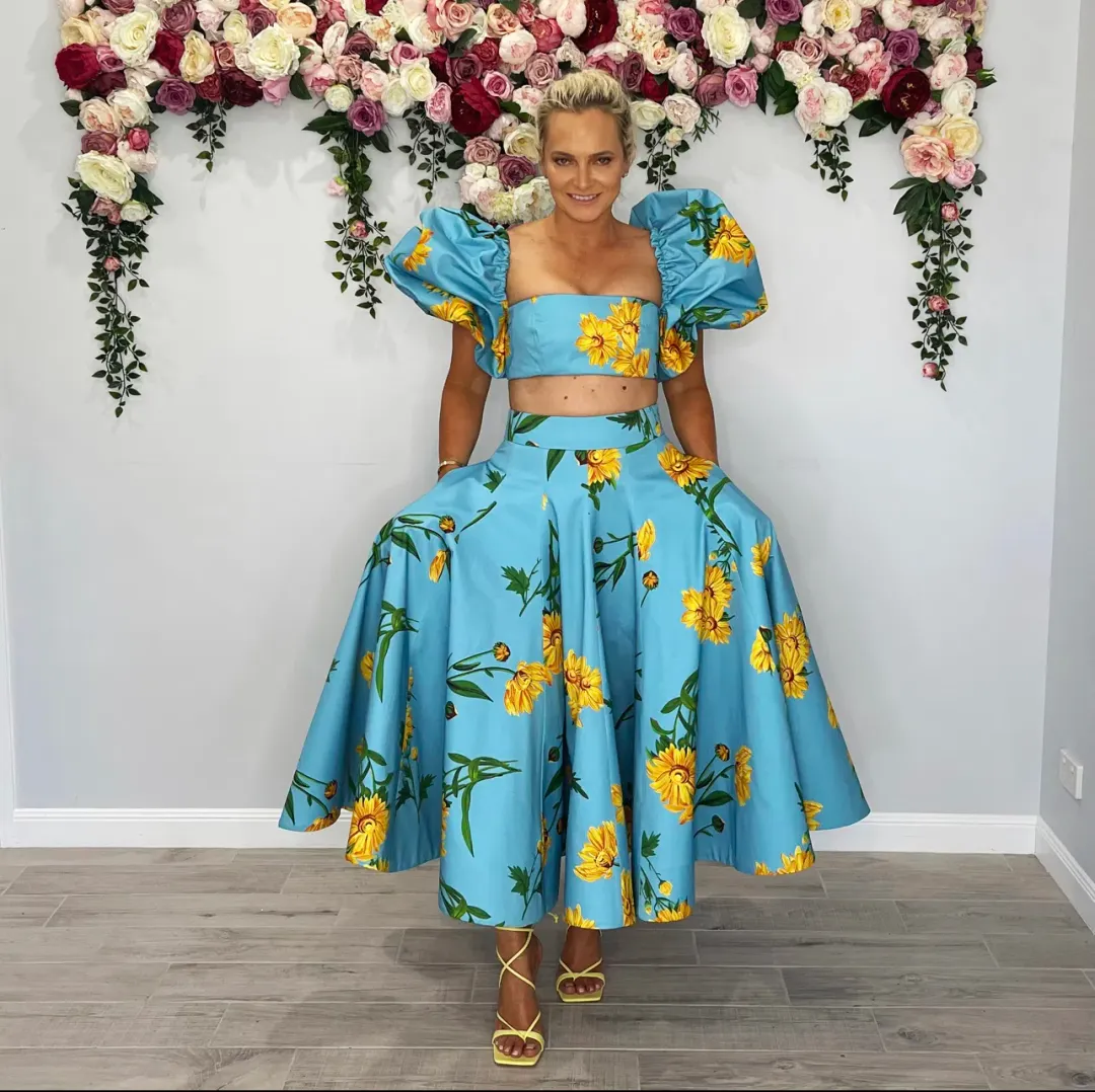 Leo and Lin Bleu Marguerite Puff Top & Maxi Skirt Set Print Size 10 for rent on The Volte - main image