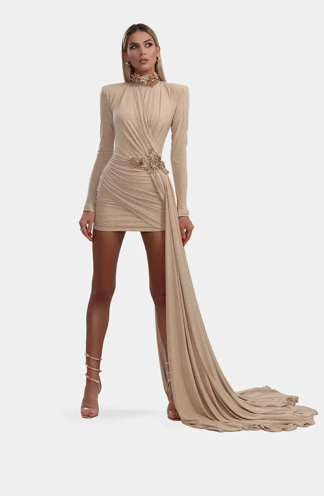 Albina Dyla Nude Stretch Shimmer Short Dress Size 12 for rent on The Volte - main image