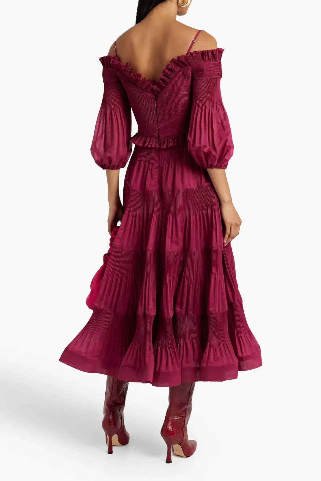 Zimmermann Pleated Off Shoulder Midi Dress Berry Size 2 / AU 12 for rent on The Volte - main image