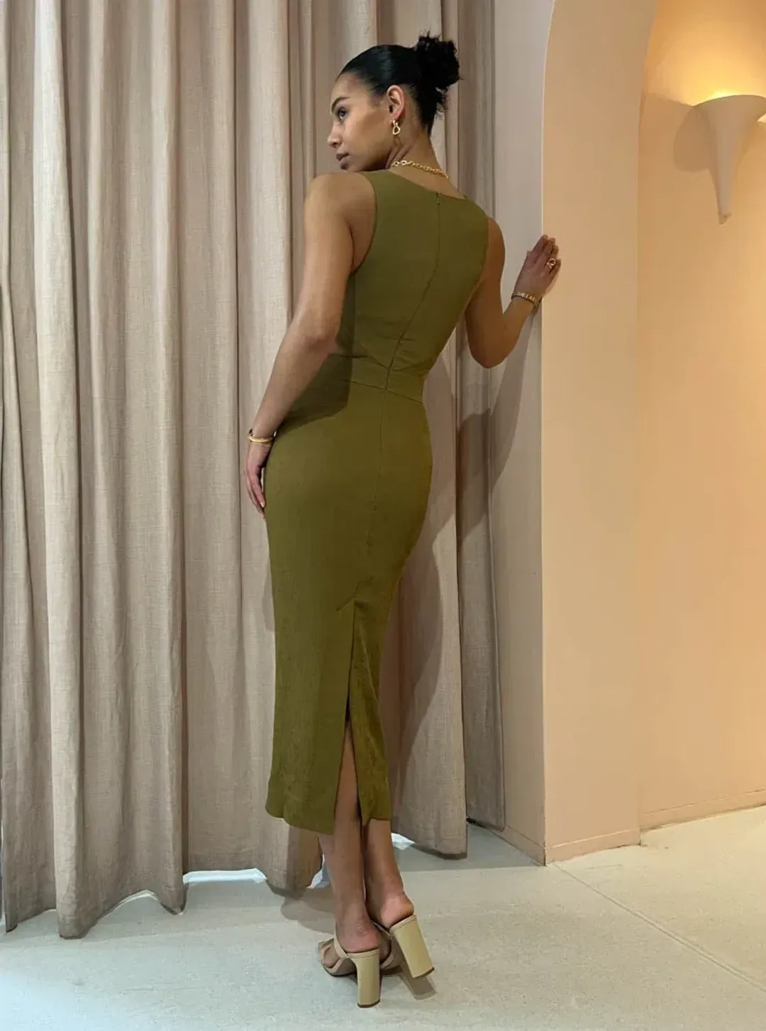 Shona Joy Simone V Neck Cut Out Midi Dress in Cumin Size 10 for rent on The Volte - main image