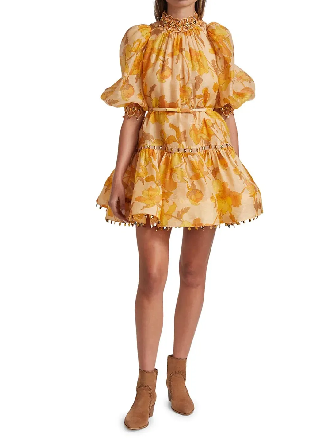 Zimmermann Tempo Trim Rouleau Mini Dress Gold Peonies Size 3 for rent on The Volte - main image